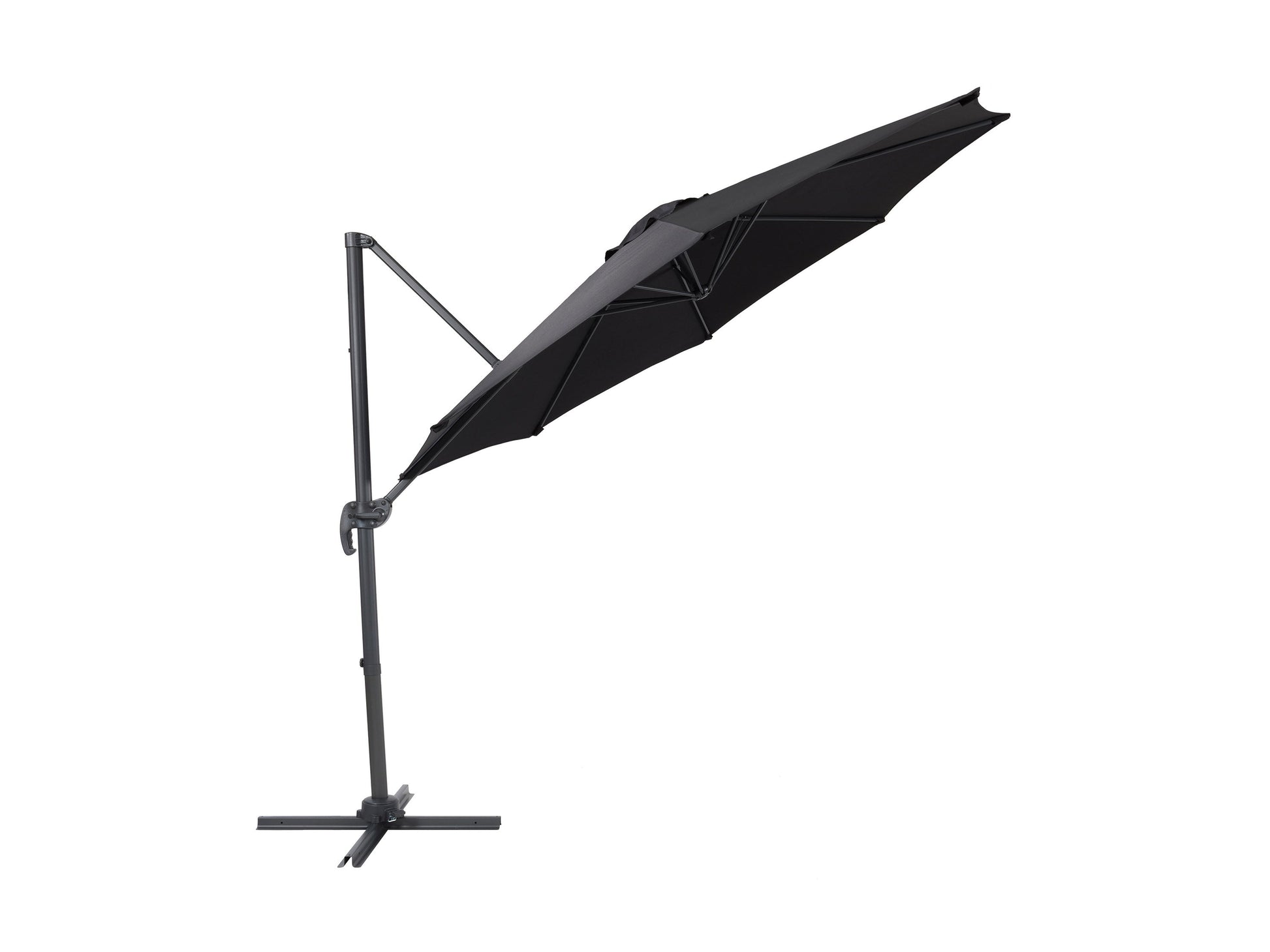 9.5ft offset patio umbrella with 360-degree rotation, features a sleek black canopy and durable aluminum frame, ideal for outdoor shading solutions in modern patio setups.