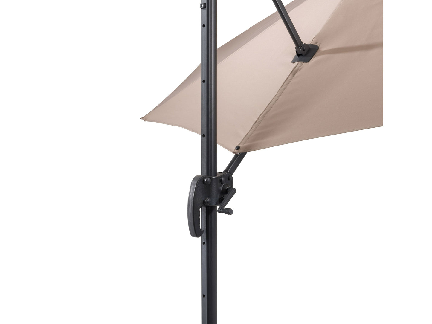 9.5ft taupe offset patio umbrella with 360-degree rotation, sturdy aluminum frame, and UV-resistant canopy, ideal for outdoor shade on patios or gardens.
