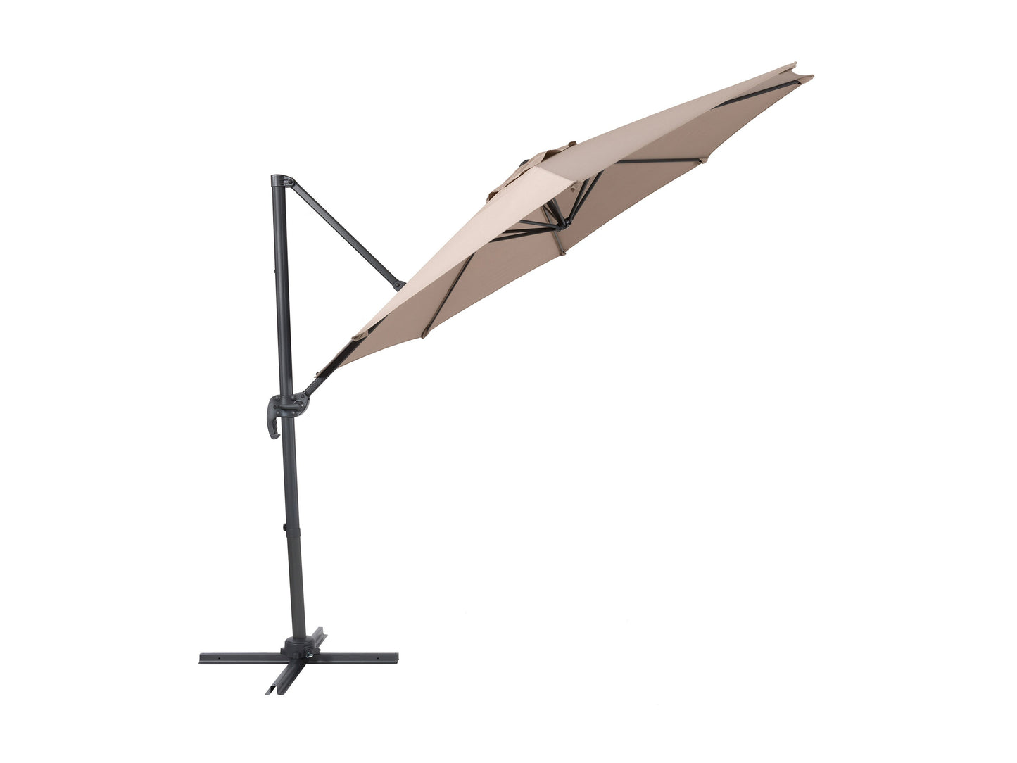 9.5ft taupe offset patio umbrella with 360-degree rotation, sturdy aluminum frame, and UV-resistant canopy, ideal for outdoor shade on patios or gardens.