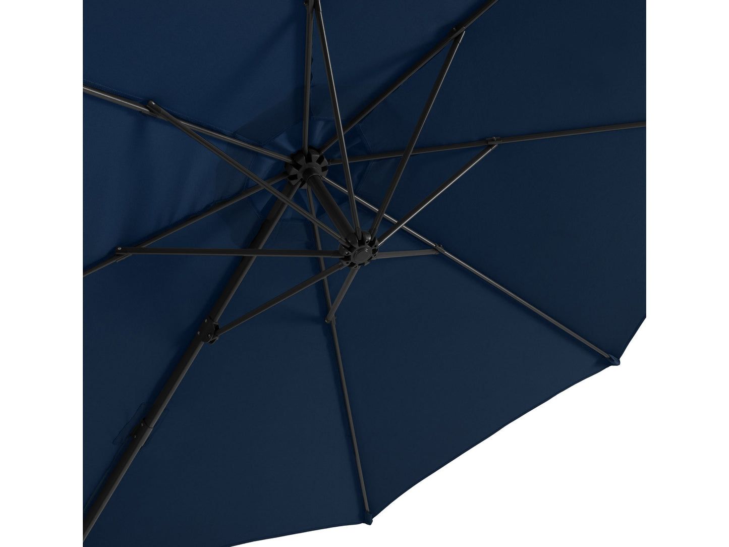 Navy blue 9.5ft offset patio umbrella with 360-degree rotation, sturdy aluminum frame, and UV-resistant fabric, perfect for outdoor shade on patios or decks.