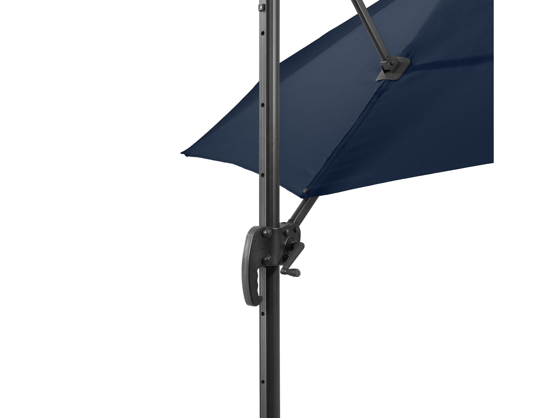 Navy blue 9.5ft offset patio umbrella with 360-degree rotation, sturdy aluminum frame, and UV-resistant fabric, perfect for outdoor shade on patios or decks.