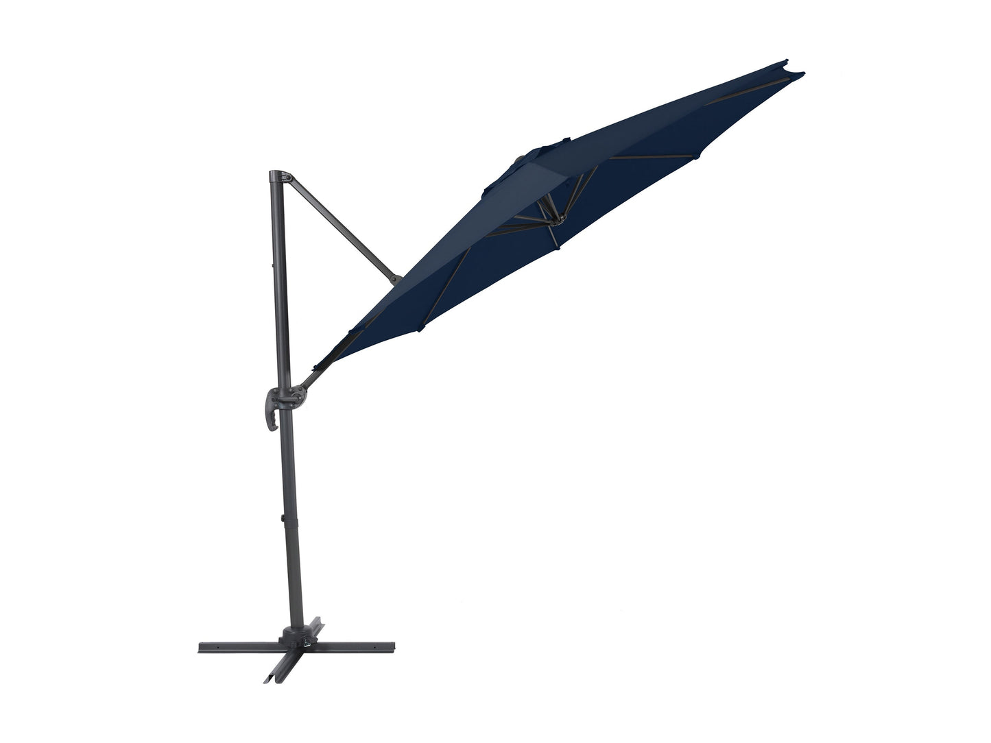 Navy blue 9.5ft offset patio umbrella with 360-degree rotation, sturdy aluminum frame, and UV-resistant fabric, perfect for outdoor shade on patios or decks.