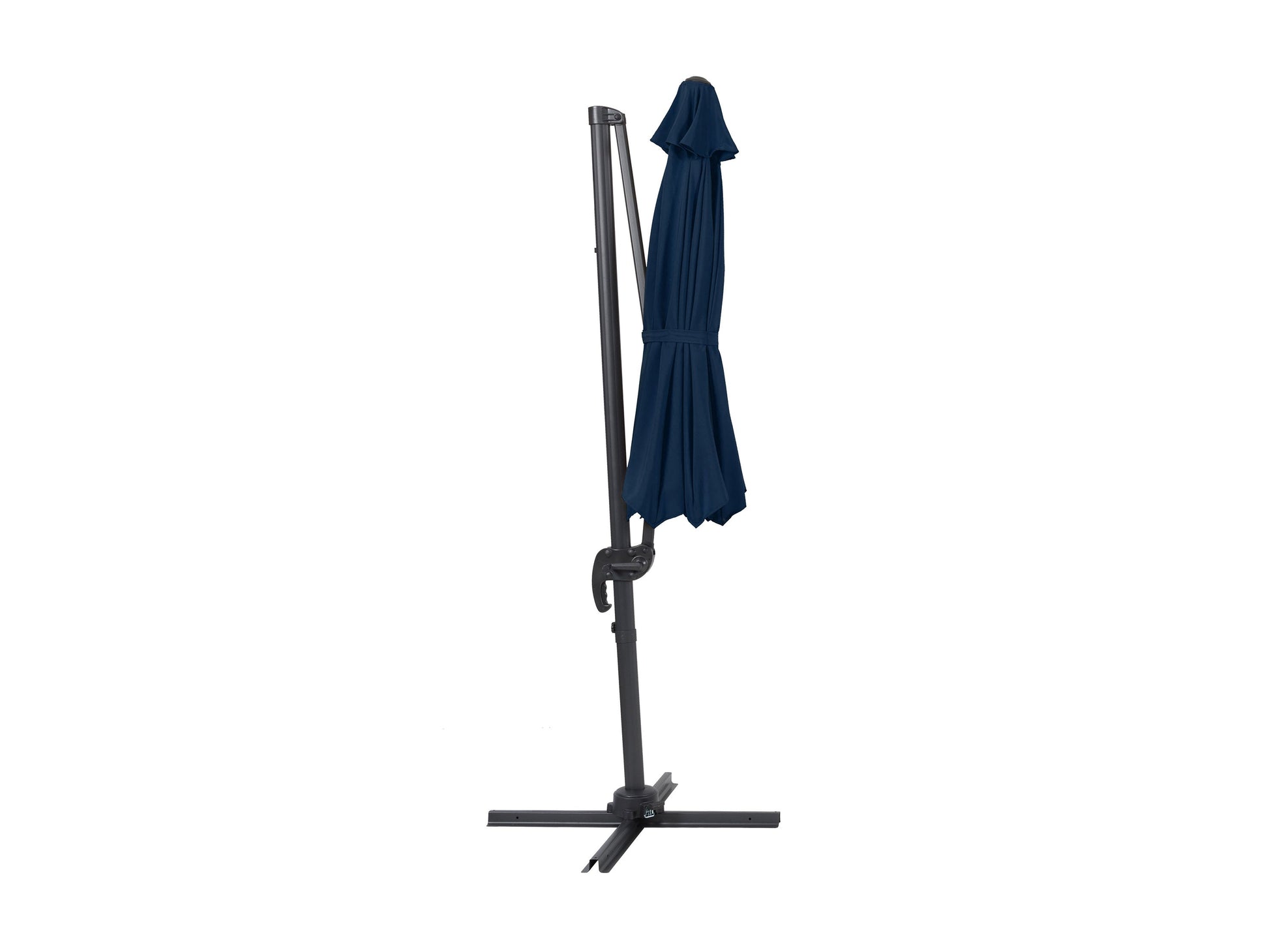 Navy blue 9.5ft offset patio umbrella with 360-degree rotation, sturdy aluminum frame, and UV-resistant fabric, perfect for outdoor shade on patios or decks.