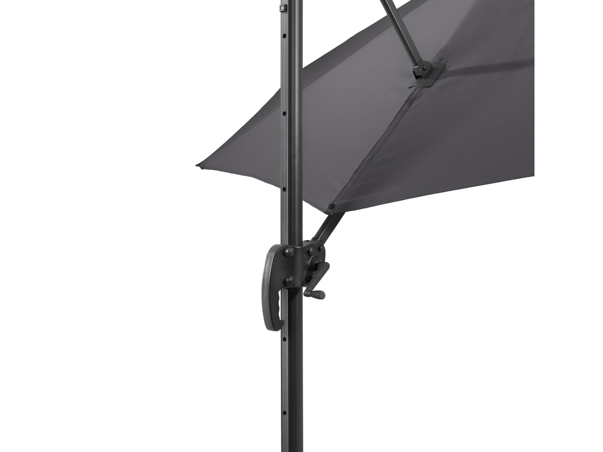 Grey 9.5ft offset patio umbrella with 360-degree rotation, durable fabric canopy, and sturdy metal frame, ideal for outdoor shading and garden relaxation.