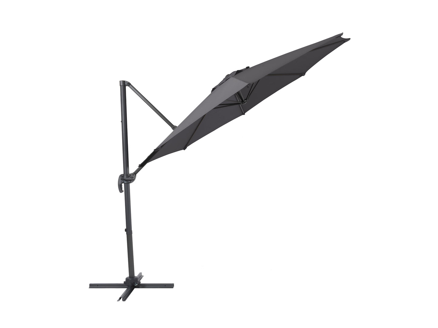 Grey 9.5ft offset patio umbrella with 360-degree rotation, durable fabric canopy, and sturdy metal frame, ideal for outdoor shading and garden relaxation.