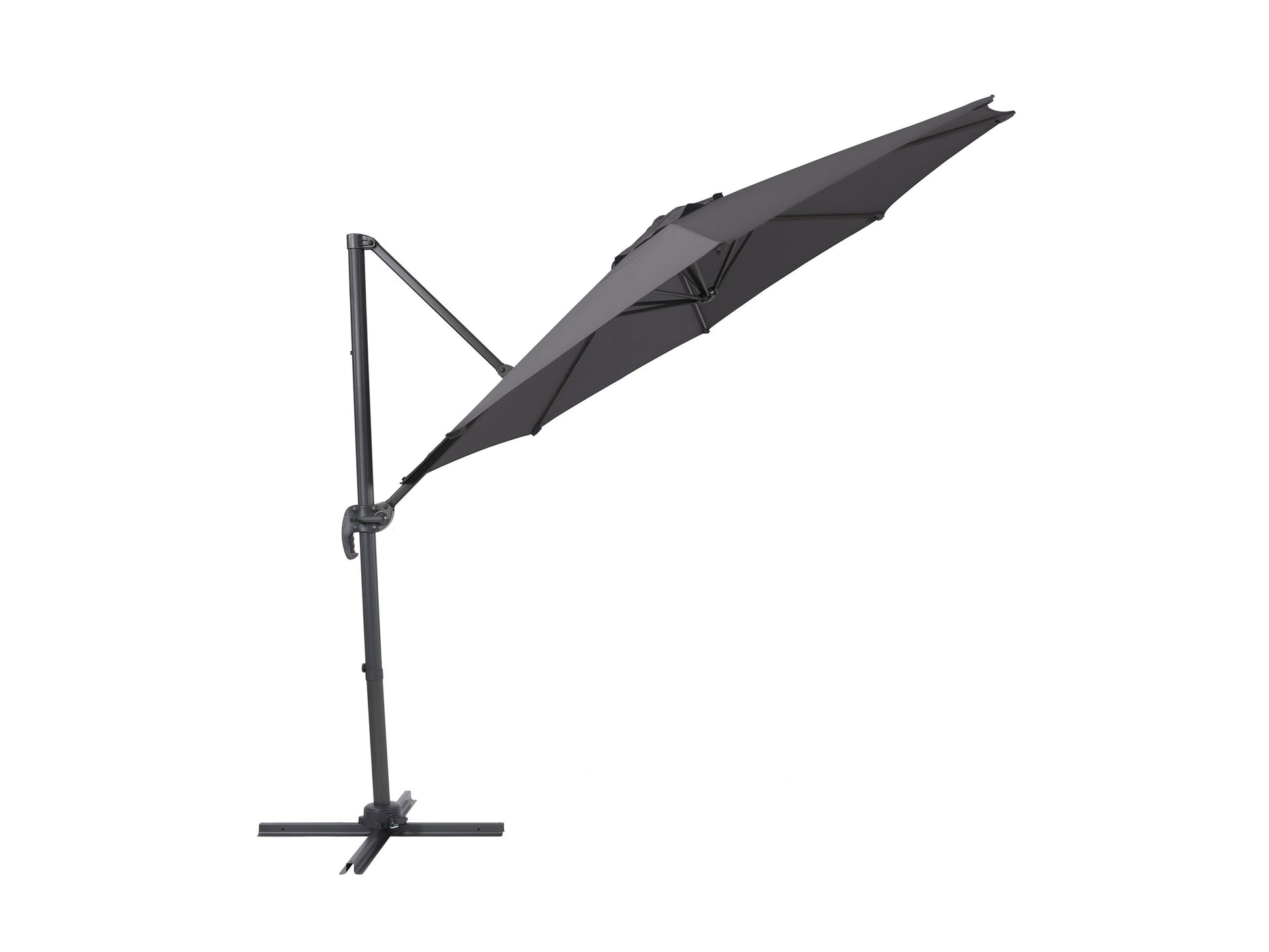 Grey 9.5ft offset patio umbrella with 360-degree rotation, durable fabric canopy, and sturdy metal frame, ideal for outdoor shading and garden relaxation.