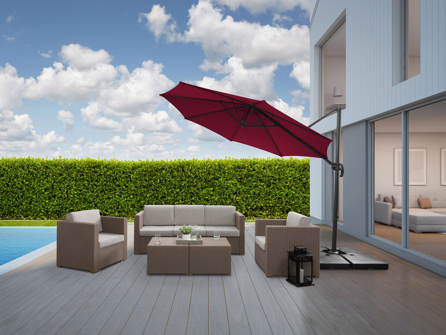 Wine red 9.5ft offset patio umbrella with 360-degree rotation, sturdy aluminum frame, and UV-resistant fabric. Ideal for outdoor spaces, providing ample shade and adjustable coverage for patios and gardens.