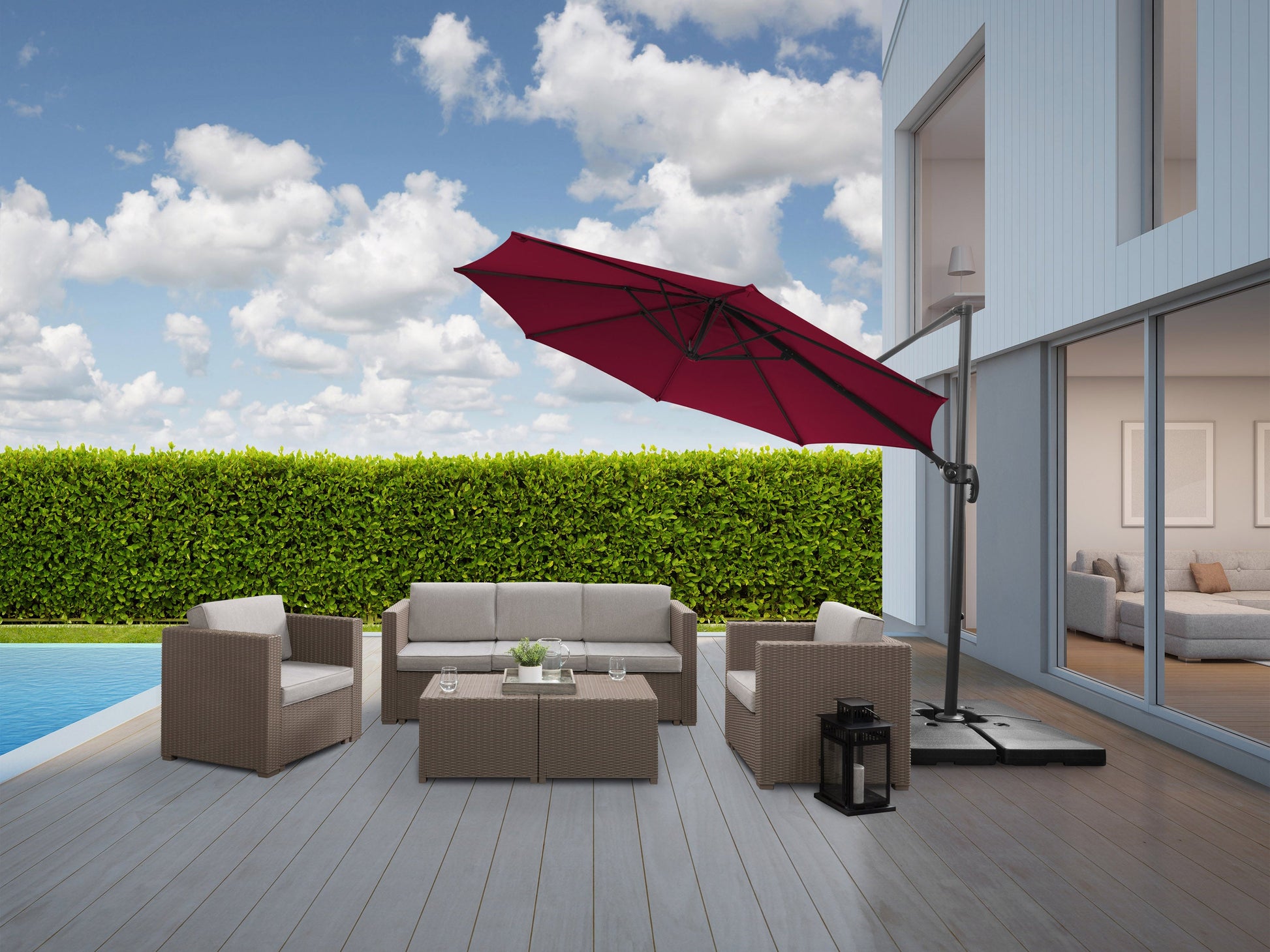 Wine red 9.5ft offset patio umbrella with 360-degree rotation, sturdy aluminum frame, and UV-resistant fabric. Ideal for outdoor spaces, providing ample shade and adjustable coverage for patios and gardens.