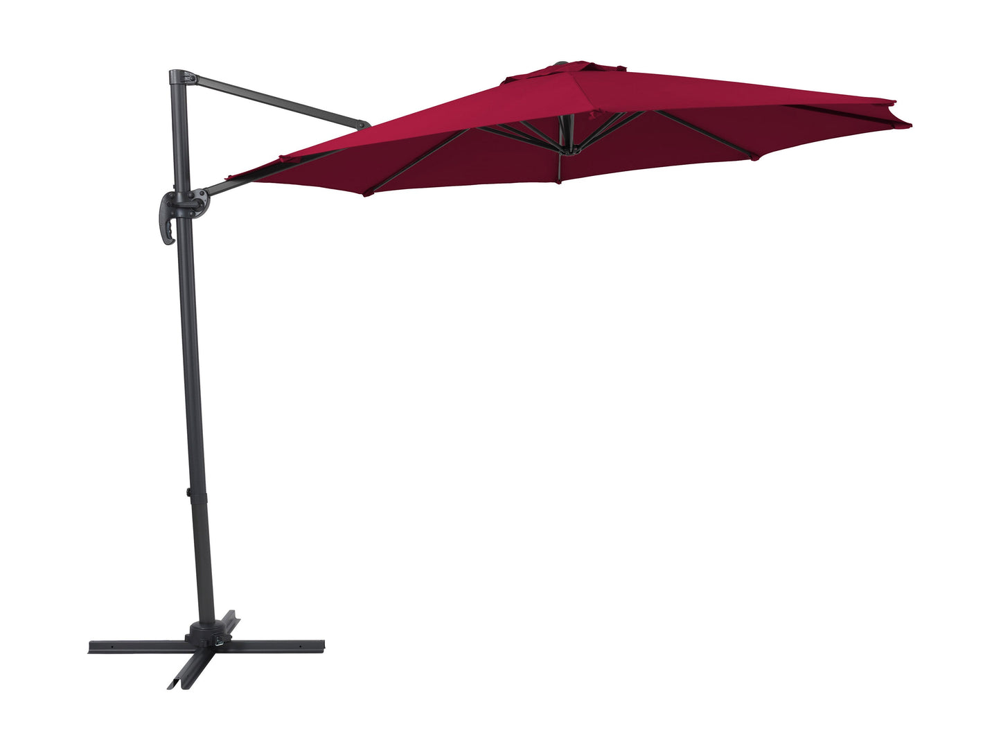 Wine red 9.5ft offset patio umbrella with 360-degree rotation, sturdy aluminum frame, and UV-resistant fabric. Ideal for outdoor spaces, providing ample shade and adjustable coverage for patios and gardens.
