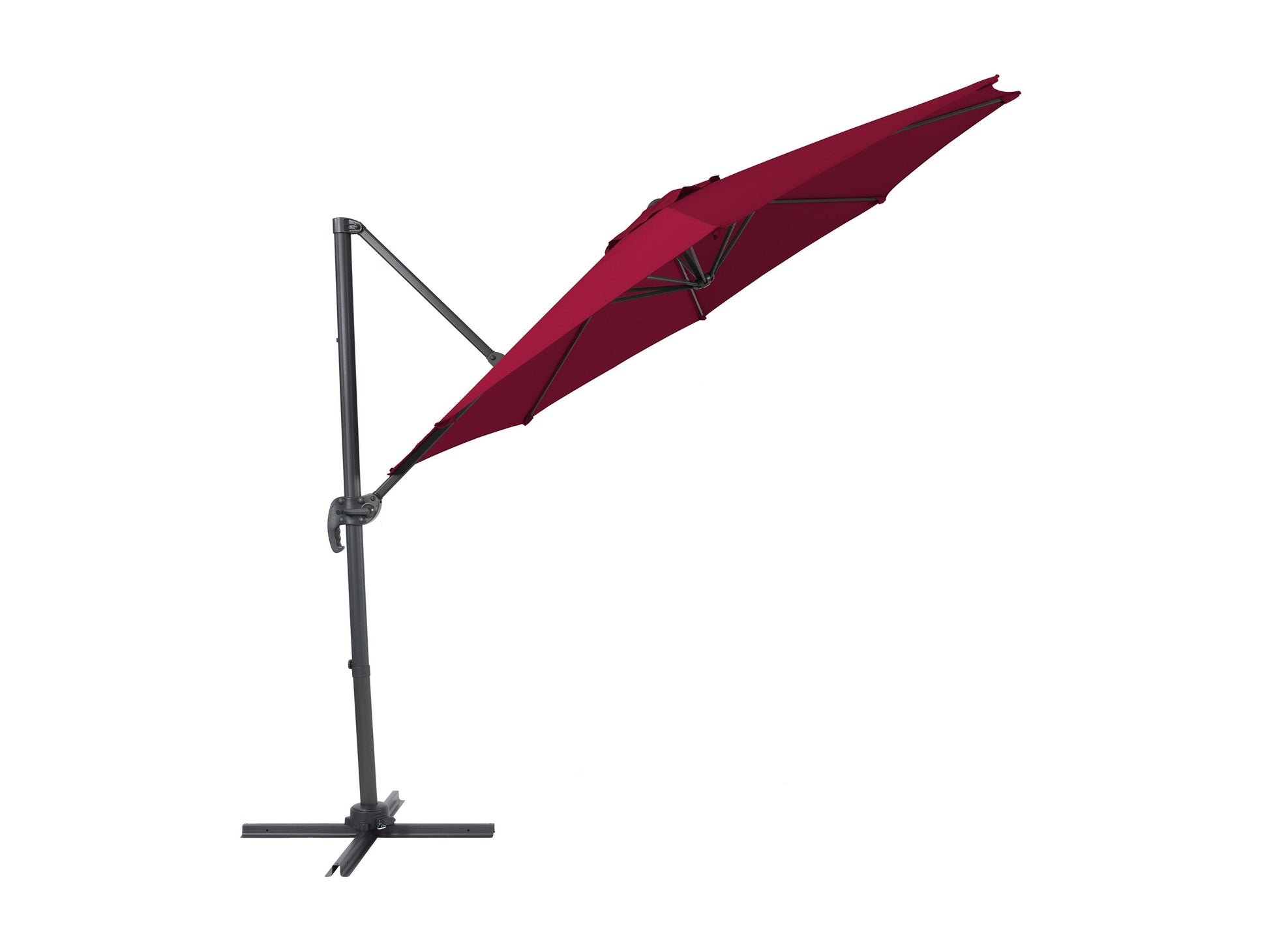 Wine red 9.5ft offset patio umbrella with 360-degree rotation, sturdy aluminum frame, and UV-resistant fabric. Ideal for outdoor spaces, providing ample shade and adjustable coverage for patios and gardens.