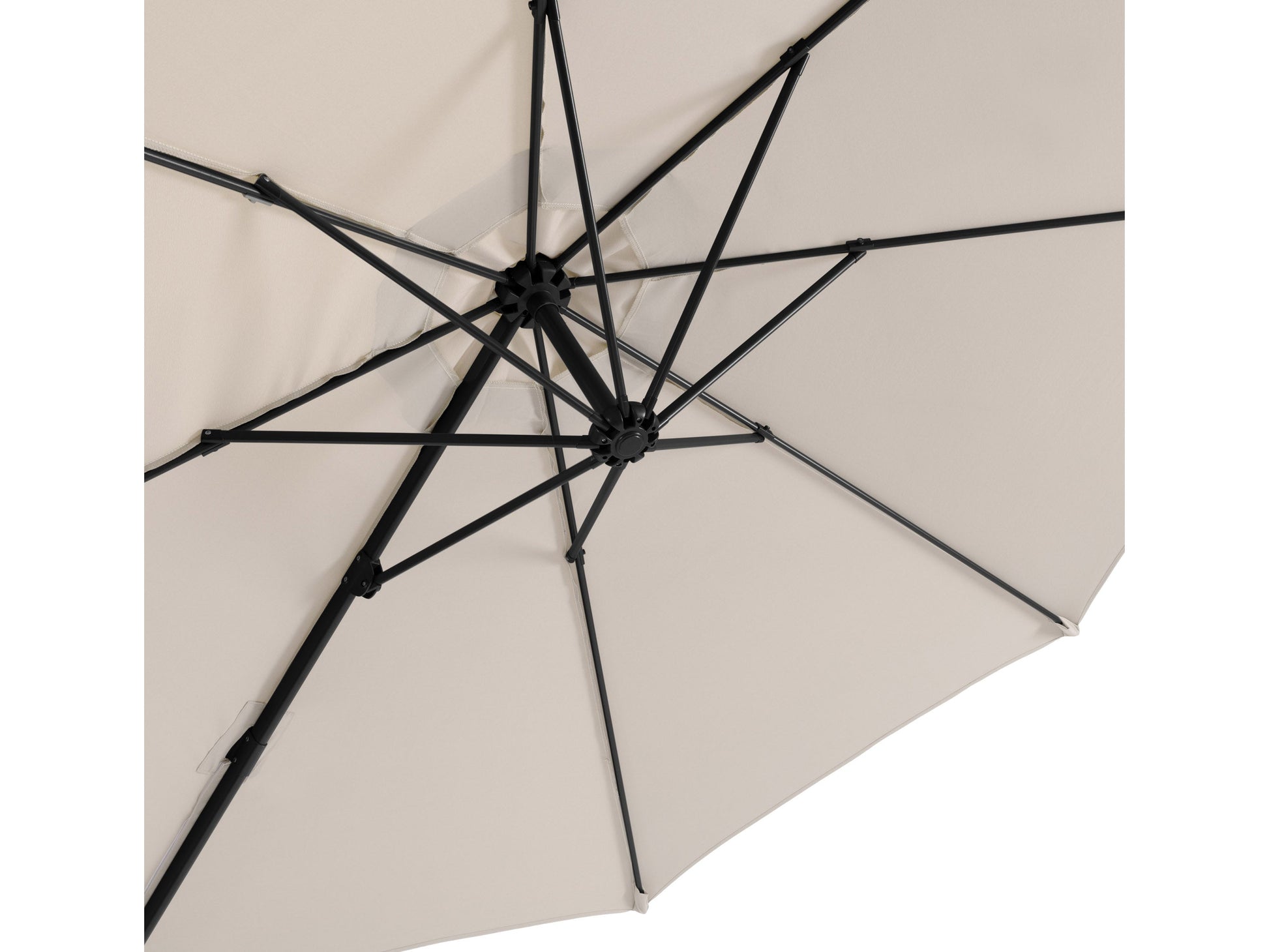Off-white 9.5ft offset patio umbrella with a 360-degree rotation, featuring a sturdy aluminum frame, crank lift system, and weather-resistant fabric, perfect for outdoor spaces like patios, gardens, and decks.