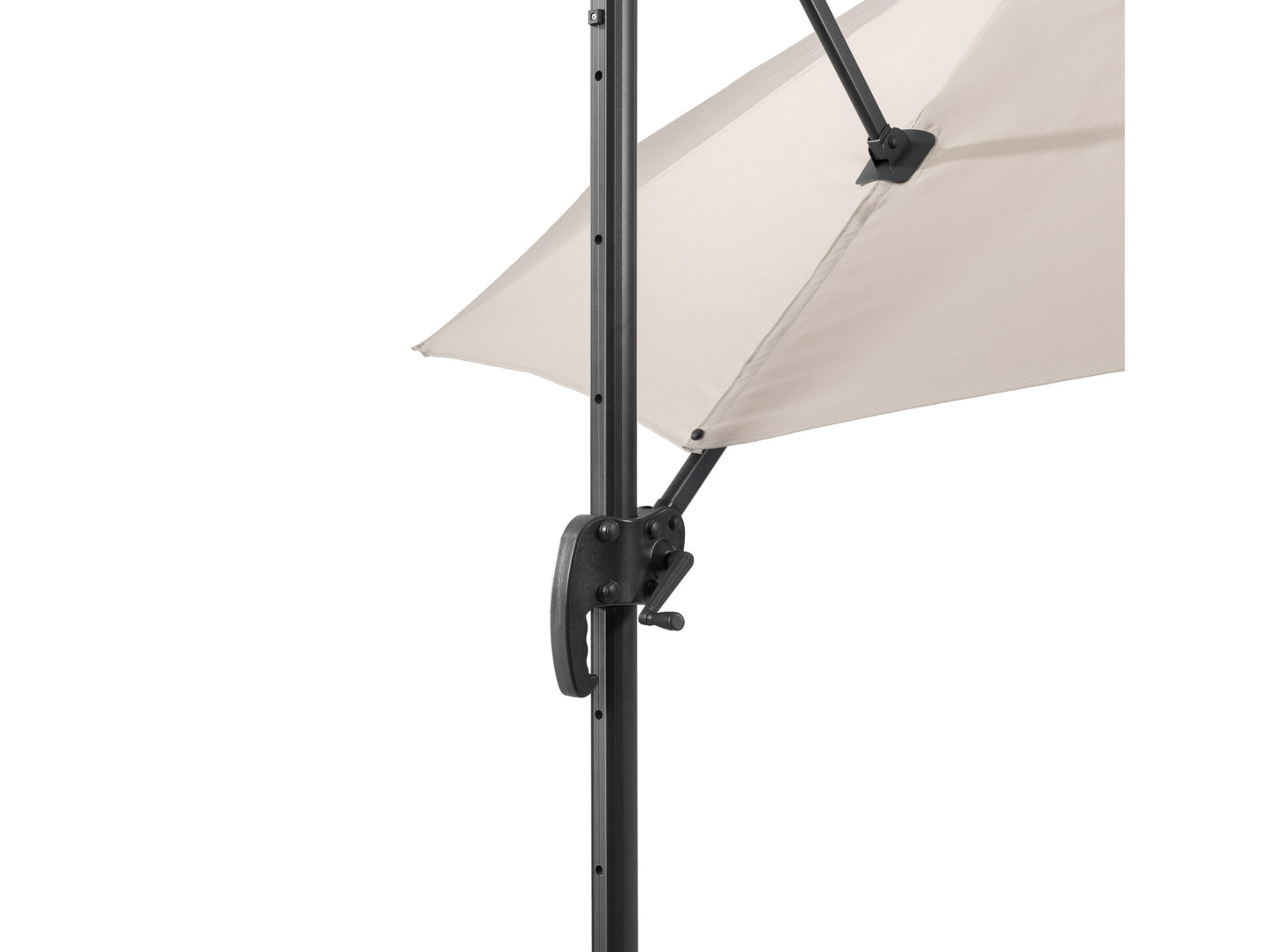 Off-white 9.5ft offset patio umbrella with a 360-degree rotation, featuring a sturdy aluminum frame, crank lift system, and weather-resistant fabric, perfect for outdoor spaces like patios, gardens, and decks.
