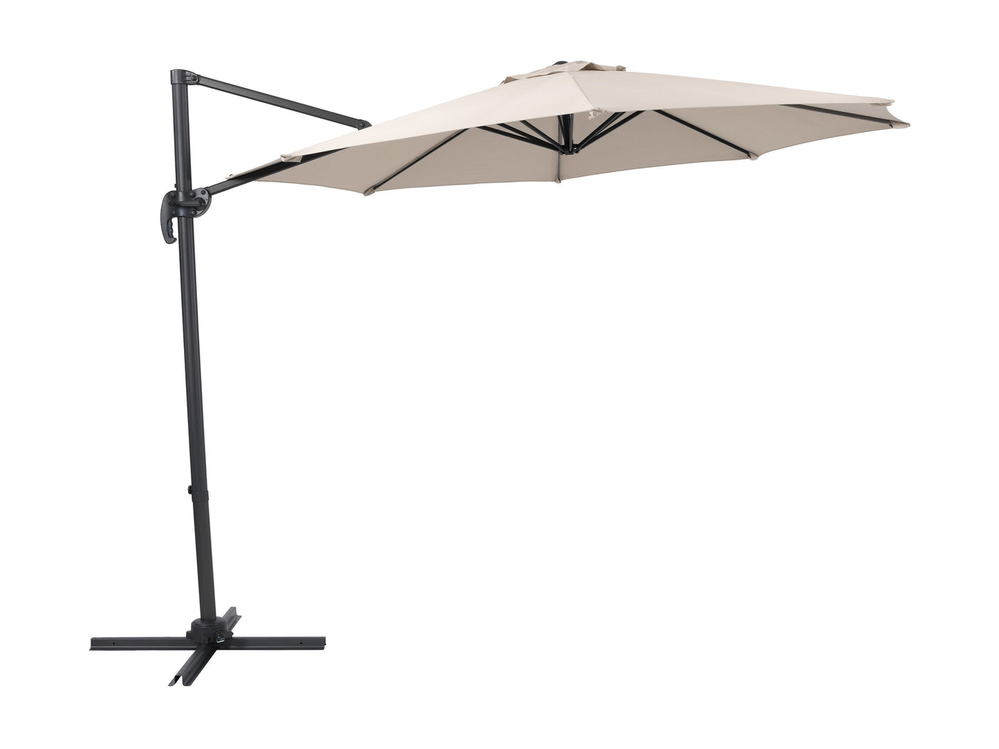 Off-white 9.5ft offset patio umbrella with a 360-degree rotation, featuring a sturdy aluminum frame, crank lift system, and weather-resistant fabric, perfect for outdoor spaces like patios, gardens, and decks.