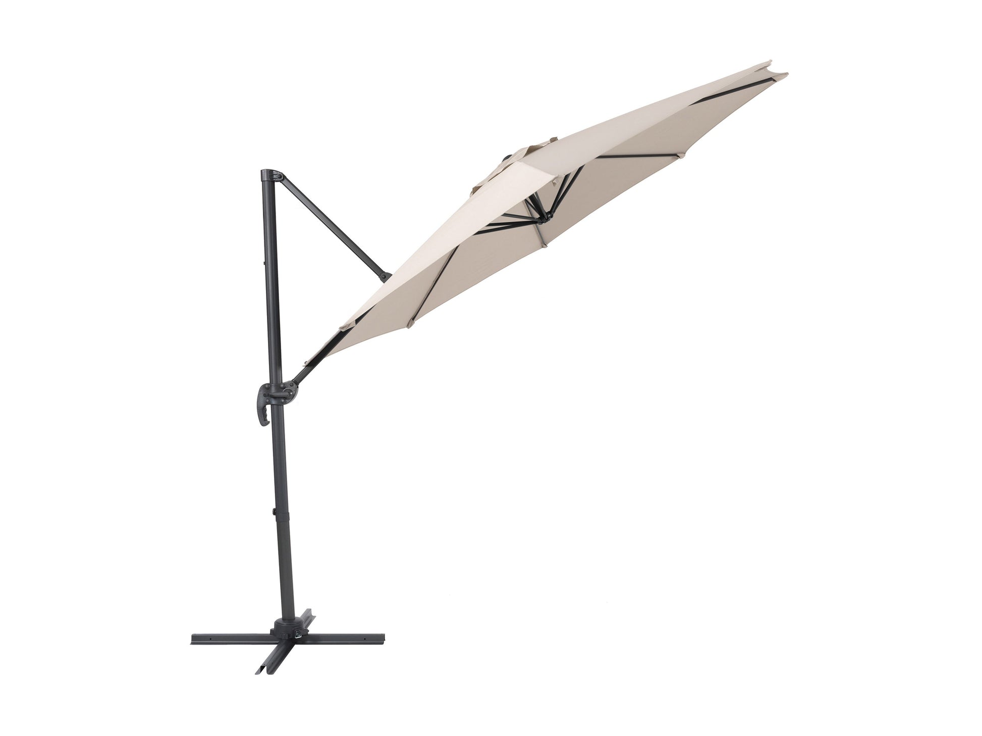 Off-white 9.5ft offset patio umbrella with a 360-degree rotation, featuring a sturdy aluminum frame, crank lift system, and weather-resistant fabric, perfect for outdoor spaces like patios, gardens, and decks.