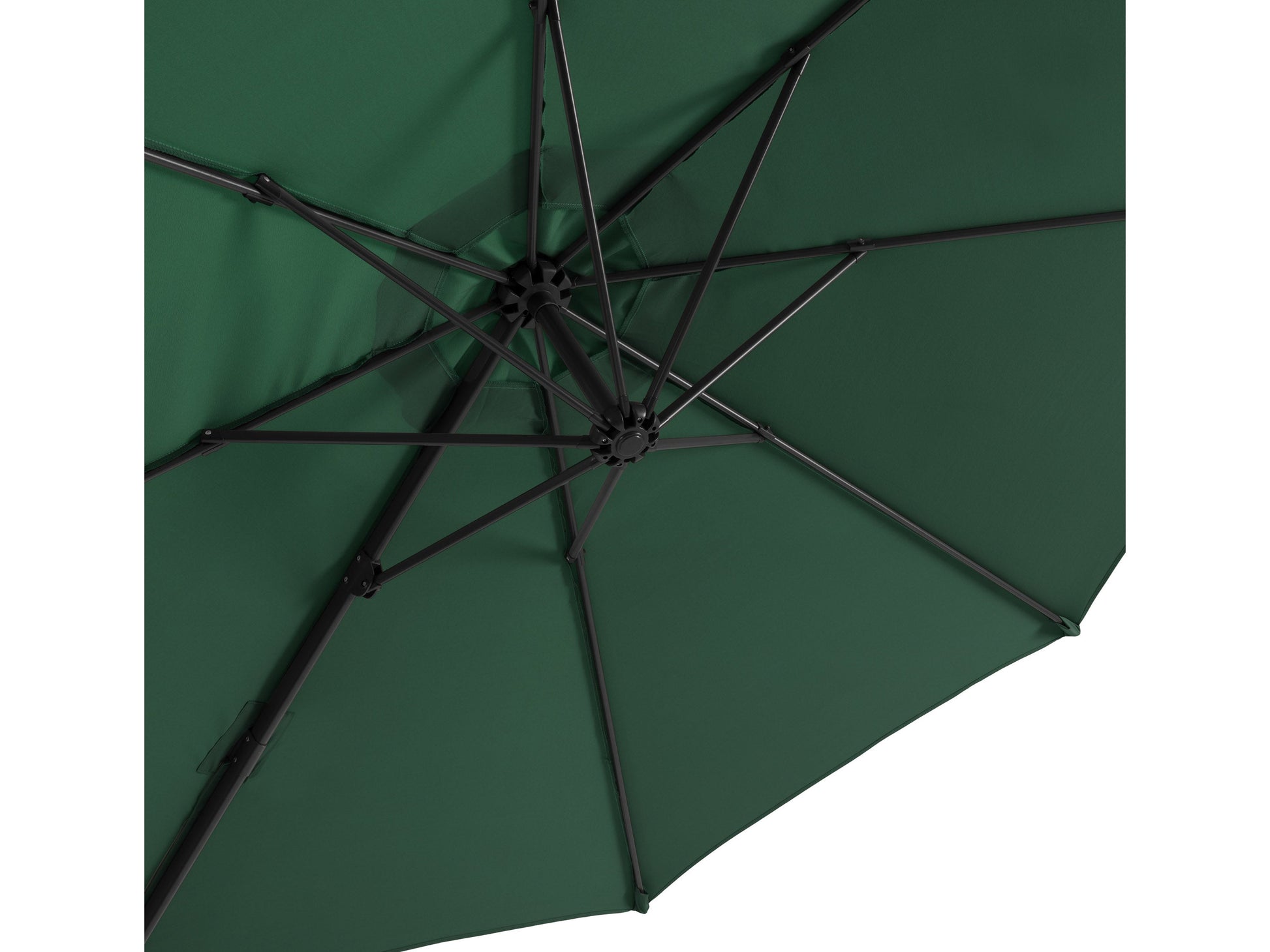 Dark green 9.5ft offset patio umbrella with 360-degree rotation, sturdy aluminum frame, and UV-resistant polyester canopy. Ideal for outdoor shading, garden, patio, or poolside use.