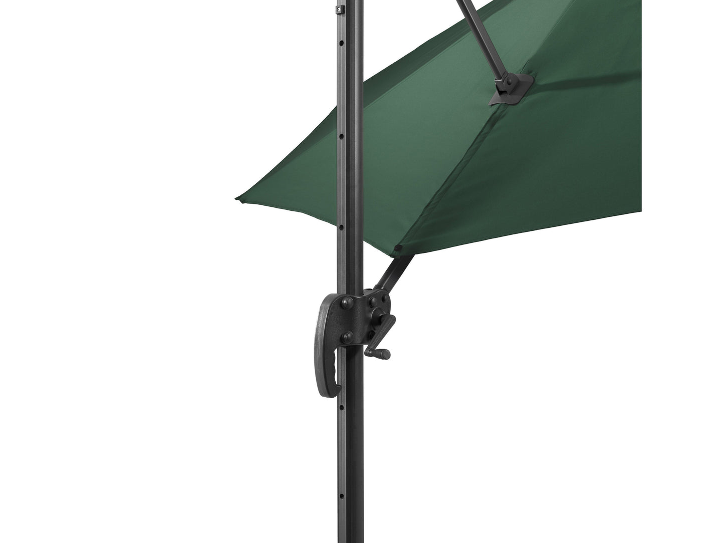 Dark green 9.5ft offset patio umbrella with 360-degree rotation, sturdy aluminum frame, and UV-resistant polyester canopy. Ideal for outdoor shading, garden, patio, or poolside use.