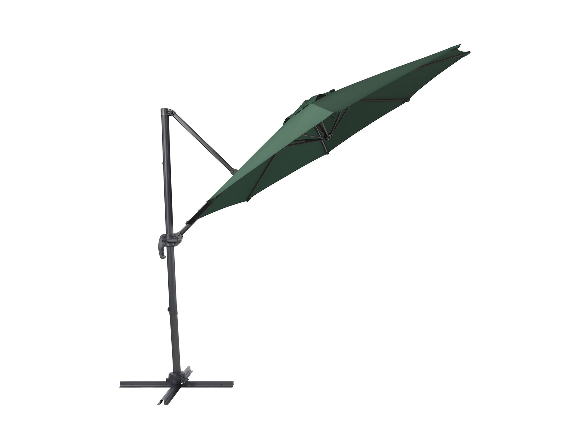 Dark green 9.5ft offset patio umbrella with 360-degree rotation, sturdy aluminum frame, and UV-resistant polyester canopy. Ideal for outdoor shading, garden, patio, or poolside use.