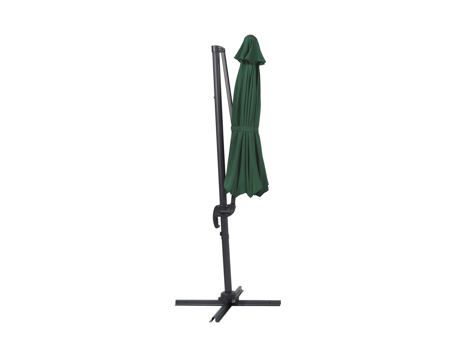 Dark green 9.5ft offset patio umbrella with 360-degree rotation, sturdy aluminum frame, and UV-resistant polyester canopy. Ideal for outdoor shading, garden, patio, or poolside use.