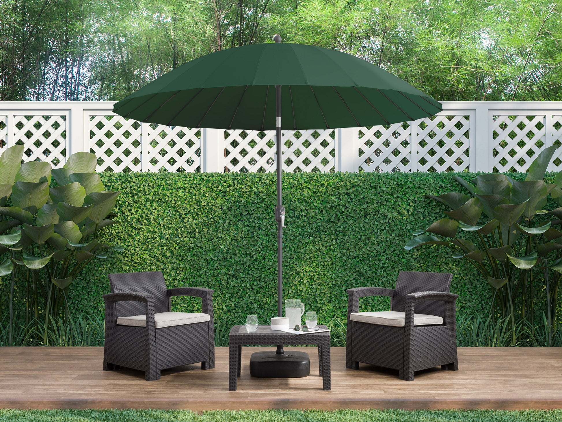 dark green parasol umbrella, tilting Sun Shield lifestyle scene CorLiving#color_dark-green