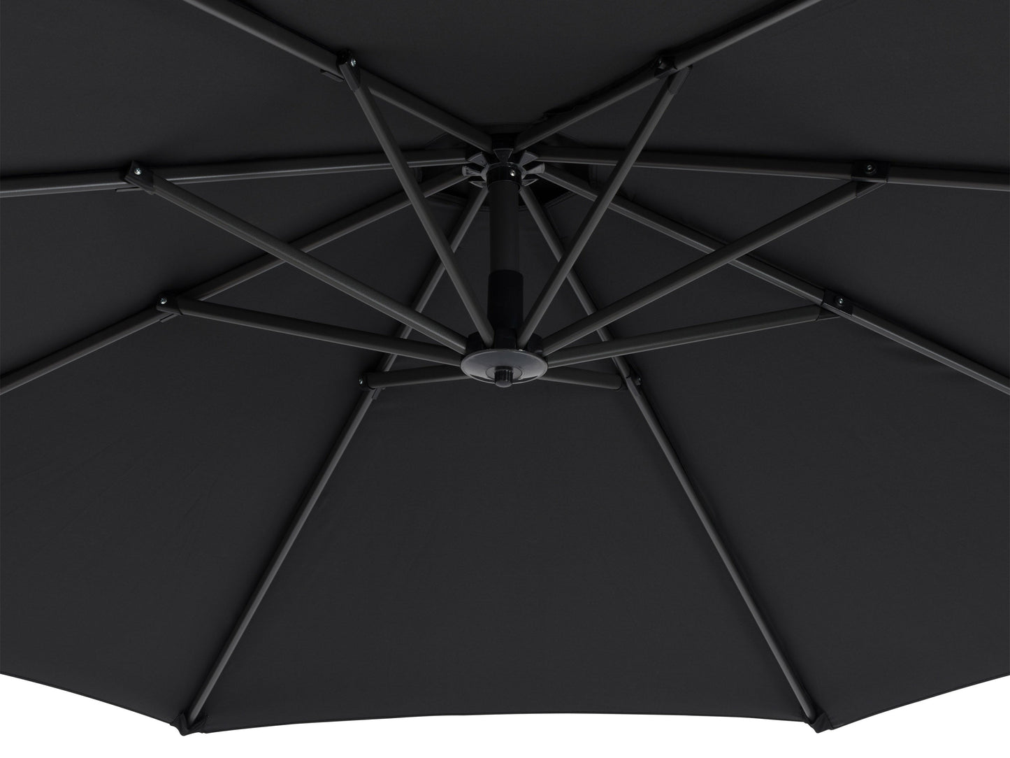 Black cantilever patio umbrella with sturdy base, featuring a large rectangular canopy for ample shade, adjustable height, and durable weather-resistant materials, perfect for outdoor spaces and garden lounging.