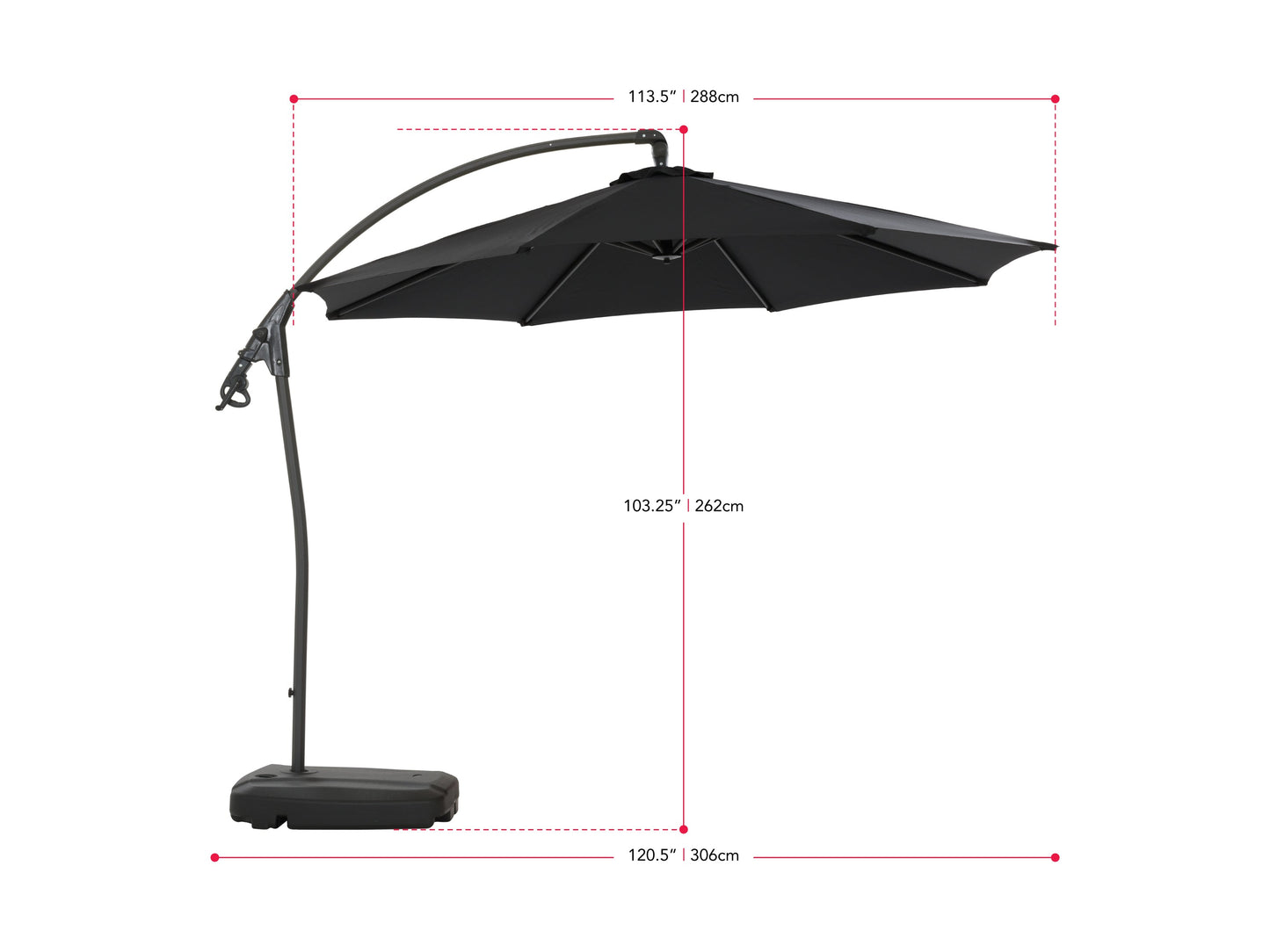 Black cantilever patio umbrella with sturdy base, featuring a large rectangular canopy for ample shade, adjustable height, and durable weather-resistant materials, perfect for outdoor spaces and garden lounging.