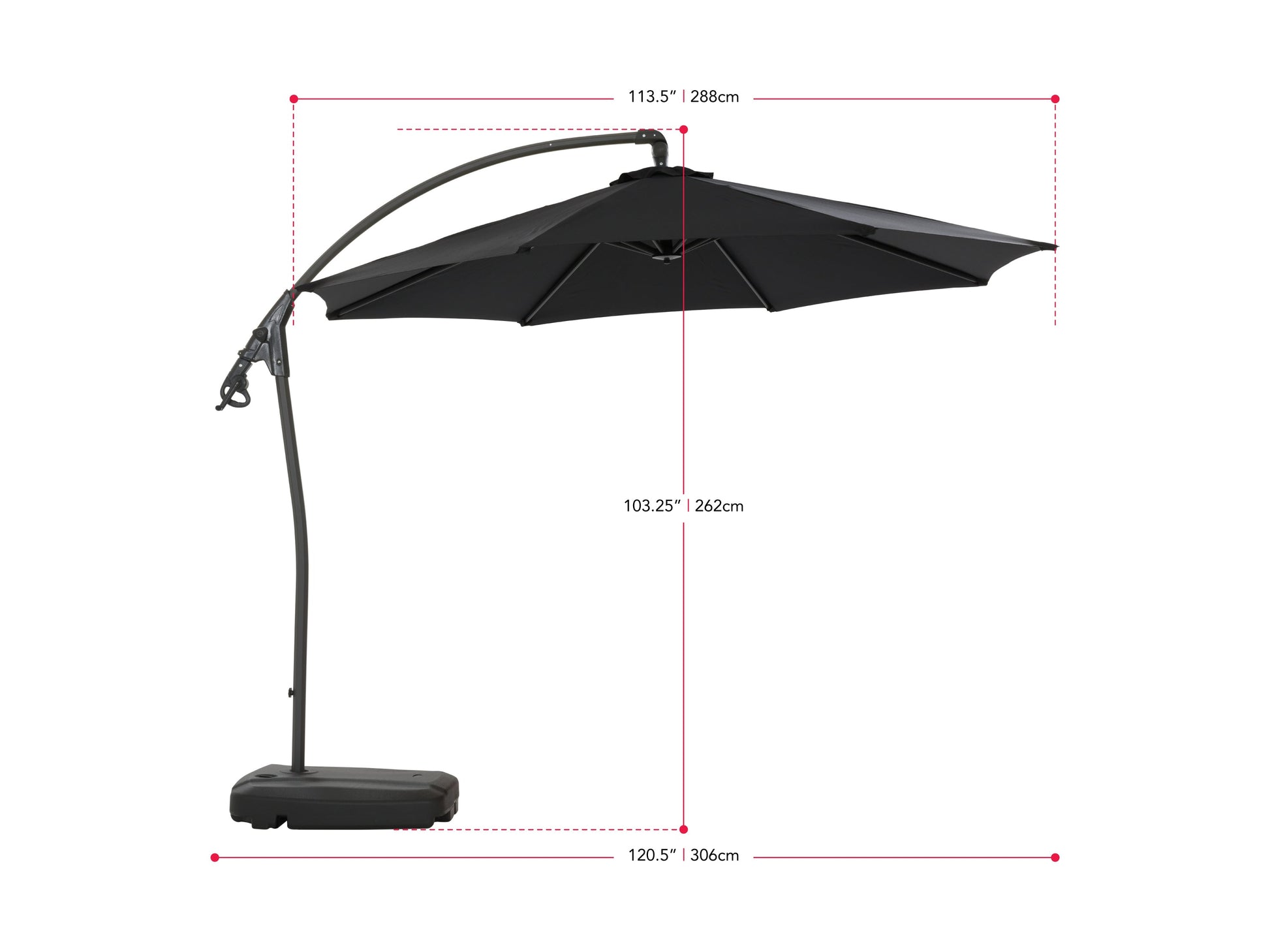 Black cantilever patio umbrella with sturdy base, featuring a large rectangular canopy for ample shade, adjustable height, and durable weather-resistant materials, perfect for outdoor spaces and garden lounging.