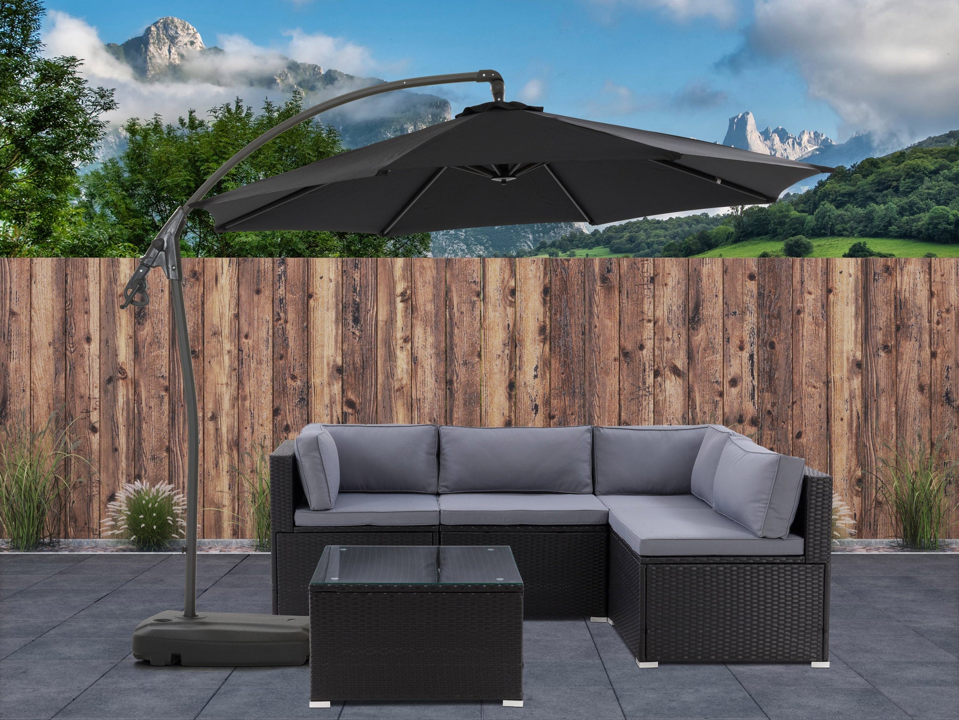 Black cantilever patio umbrella with sturdy base, featuring a large rectangular canopy for ample shade, adjustable height, and durable weather-resistant materials, perfect for outdoor spaces and garden lounging.