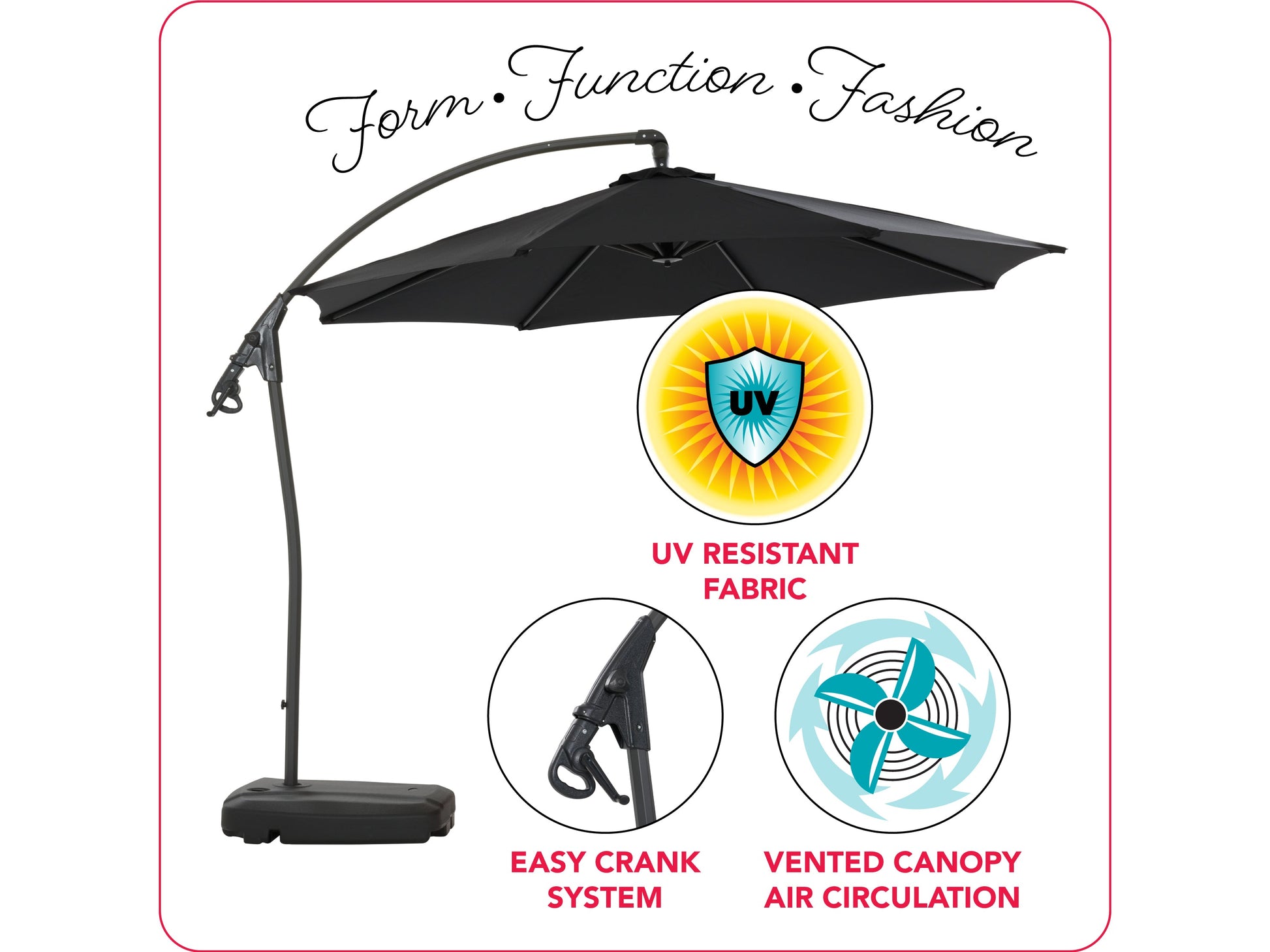 Black cantilever patio umbrella with sturdy base, featuring a large rectangular canopy for ample shade, adjustable height, and durable weather-resistant materials, perfect for outdoor spaces and garden lounging.