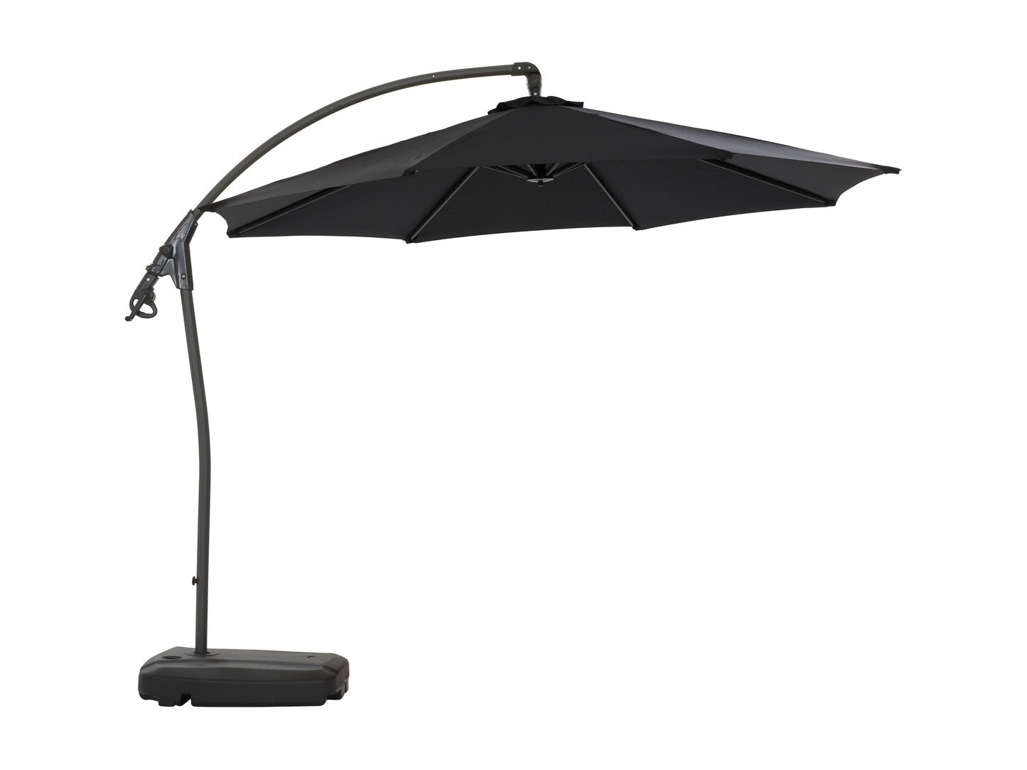 Black cantilever patio umbrella with sturdy base, featuring a large rectangular canopy for ample shade, adjustable height, and durable weather-resistant materials, perfect for outdoor spaces and garden lounging.