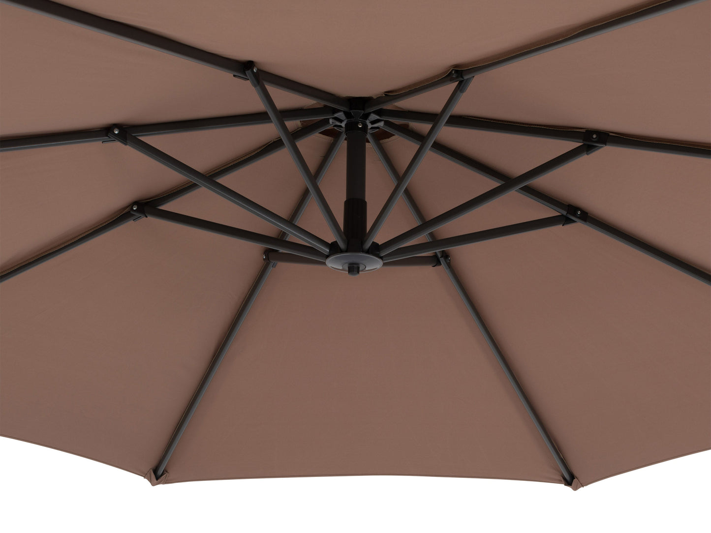 Cantilever patio umbrella with sand-colored canopy, sturdy aluminum frame, and a weighted base, perfect for outdoor shade. The adjustable tilt and rotation feature ensures optimal sun protection for patios and gardens.