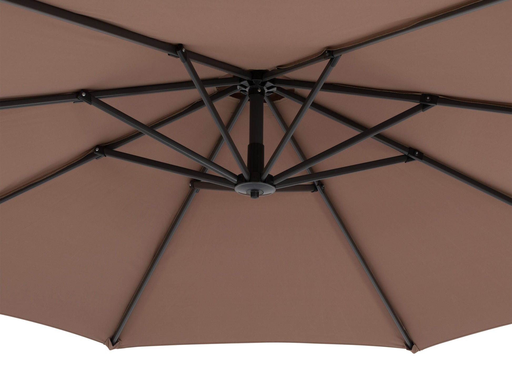 Cantilever patio umbrella with sand-colored canopy, sturdy aluminum frame, and a weighted base, perfect for outdoor shade. The adjustable tilt and rotation feature ensures optimal sun protection for patios and gardens.