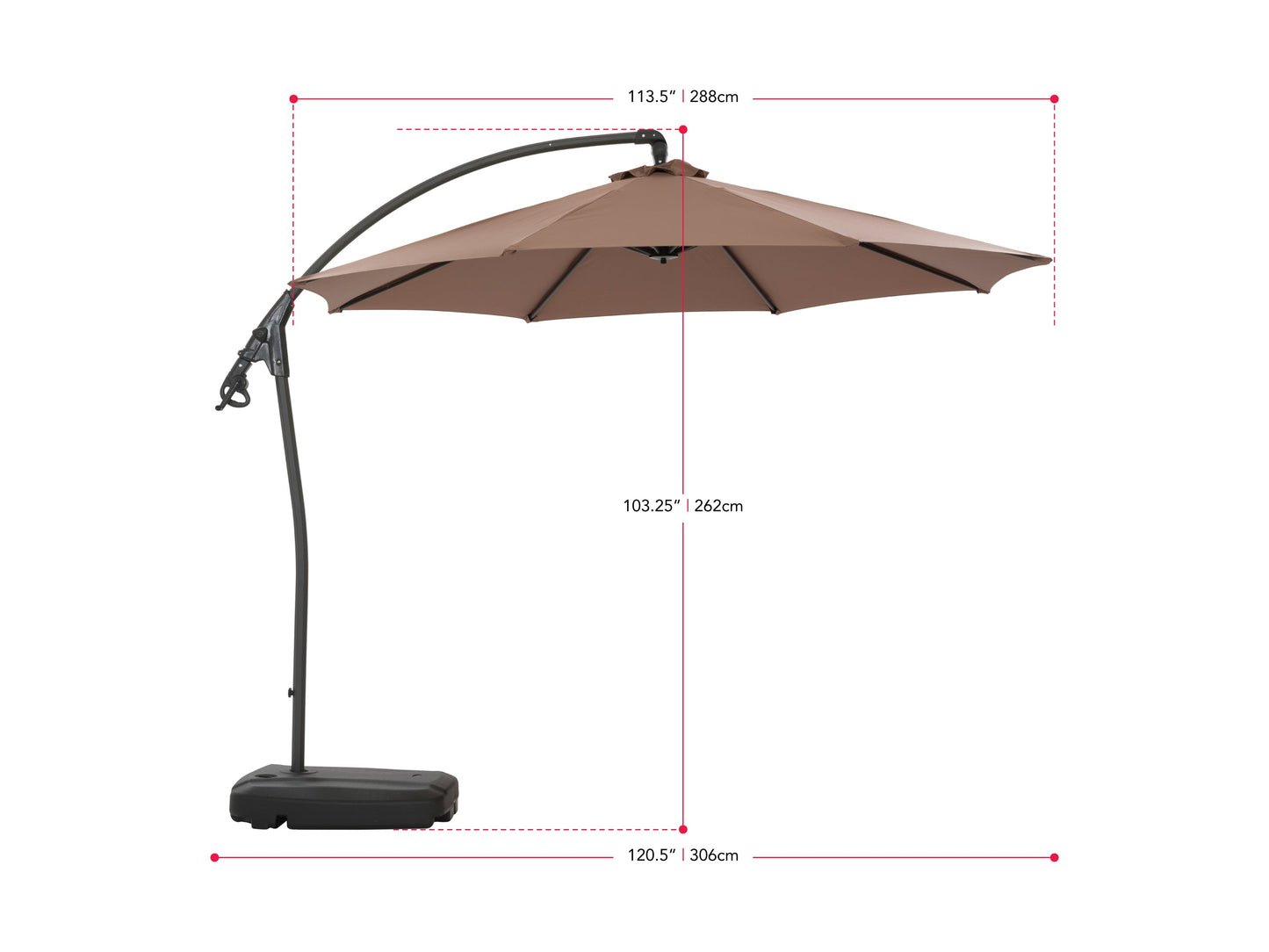 Cantilever patio umbrella with sand-colored canopy, sturdy aluminum frame, and a weighted base, perfect for outdoor shade. The adjustable tilt and rotation feature ensures optimal sun protection for patios and gardens.