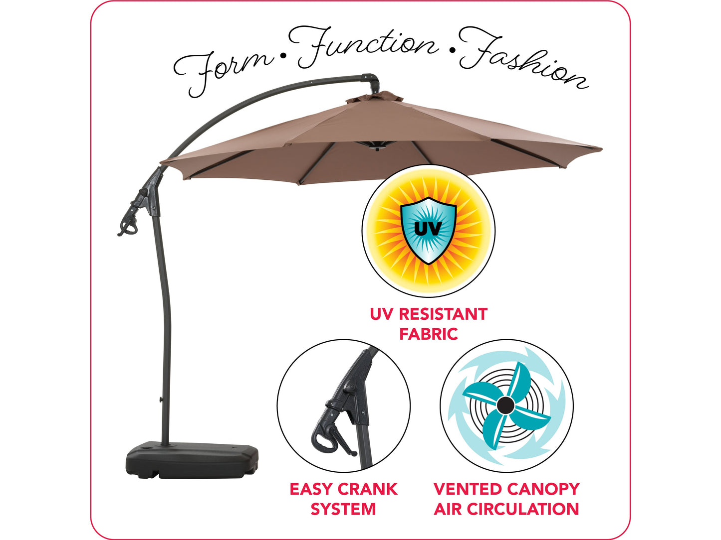 Cantilever patio umbrella with sand-colored canopy, sturdy aluminum frame, and a weighted base, perfect for outdoor shade. The adjustable tilt and rotation feature ensures optimal sun protection for patios and gardens.