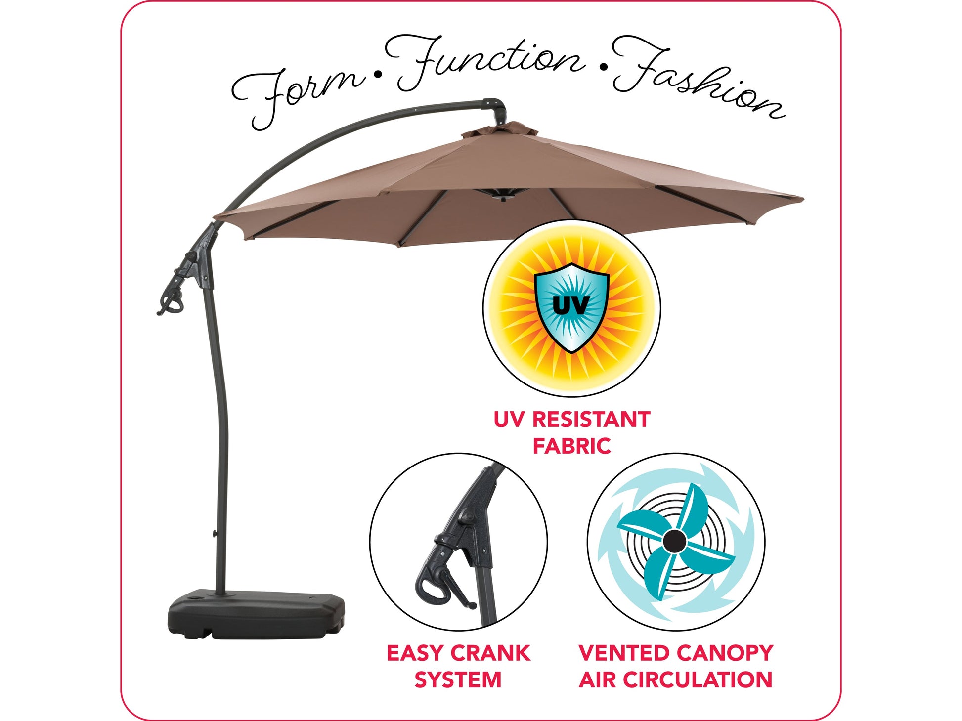 Cantilever patio umbrella with sand-colored canopy, sturdy aluminum frame, and a weighted base, perfect for outdoor shade. The adjustable tilt and rotation feature ensures optimal sun protection for patios and gardens.