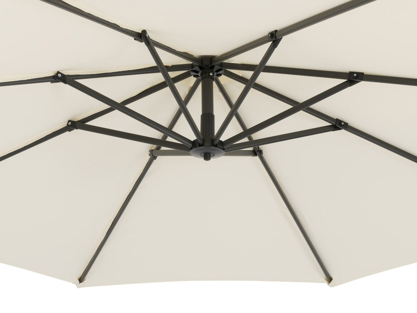 White cantilever patio umbrella with sturdy base, featuring a sleek, modern design and adjustable canopy for optimal shade. Ideal for outdoor spaces, made from weather-resistant materials.