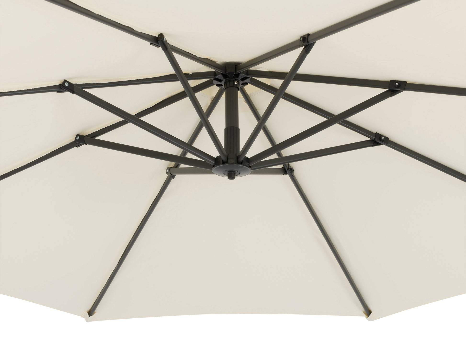 White cantilever patio umbrella with sturdy base, featuring a sleek, modern design and adjustable canopy for optimal shade. Ideal for outdoor spaces, made from weather-resistant materials.