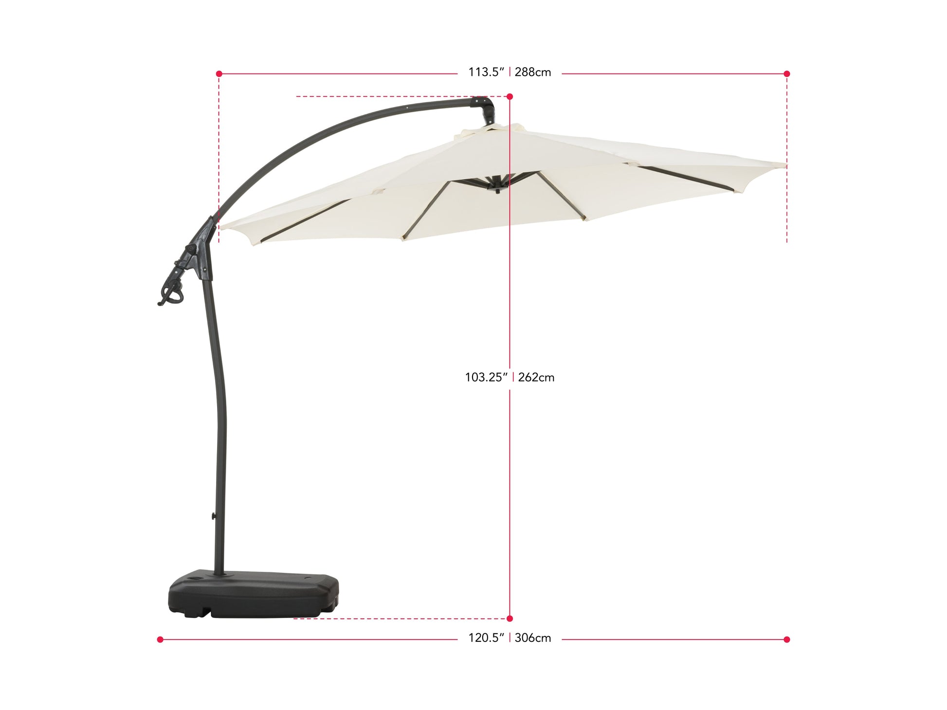White cantilever patio umbrella with sturdy base, featuring a sleek, modern design and adjustable canopy for optimal shade. Ideal for outdoor spaces, made from weather-resistant materials.
