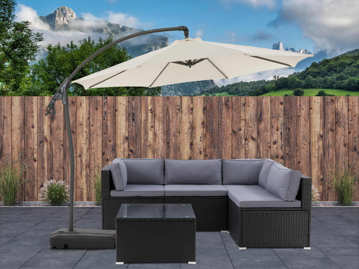 White cantilever patio umbrella with sturdy base, featuring a sleek, modern design and adjustable canopy for optimal shade. Ideal for outdoor spaces, made from weather-resistant materials.