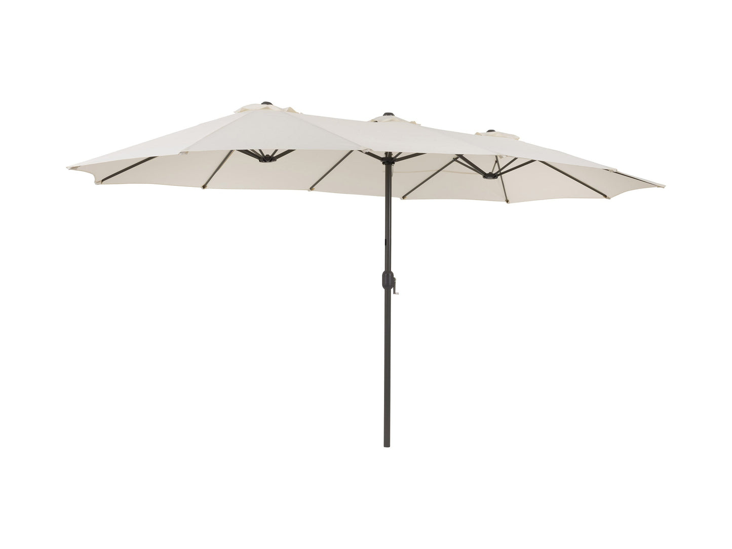 Double patio umbrella in warm white, 15ft wide, with durable aluminum frame, UV-resistant fabric, and crank lift system. Ideal for outdoor seating areas, providing ample shade and stylish décor.