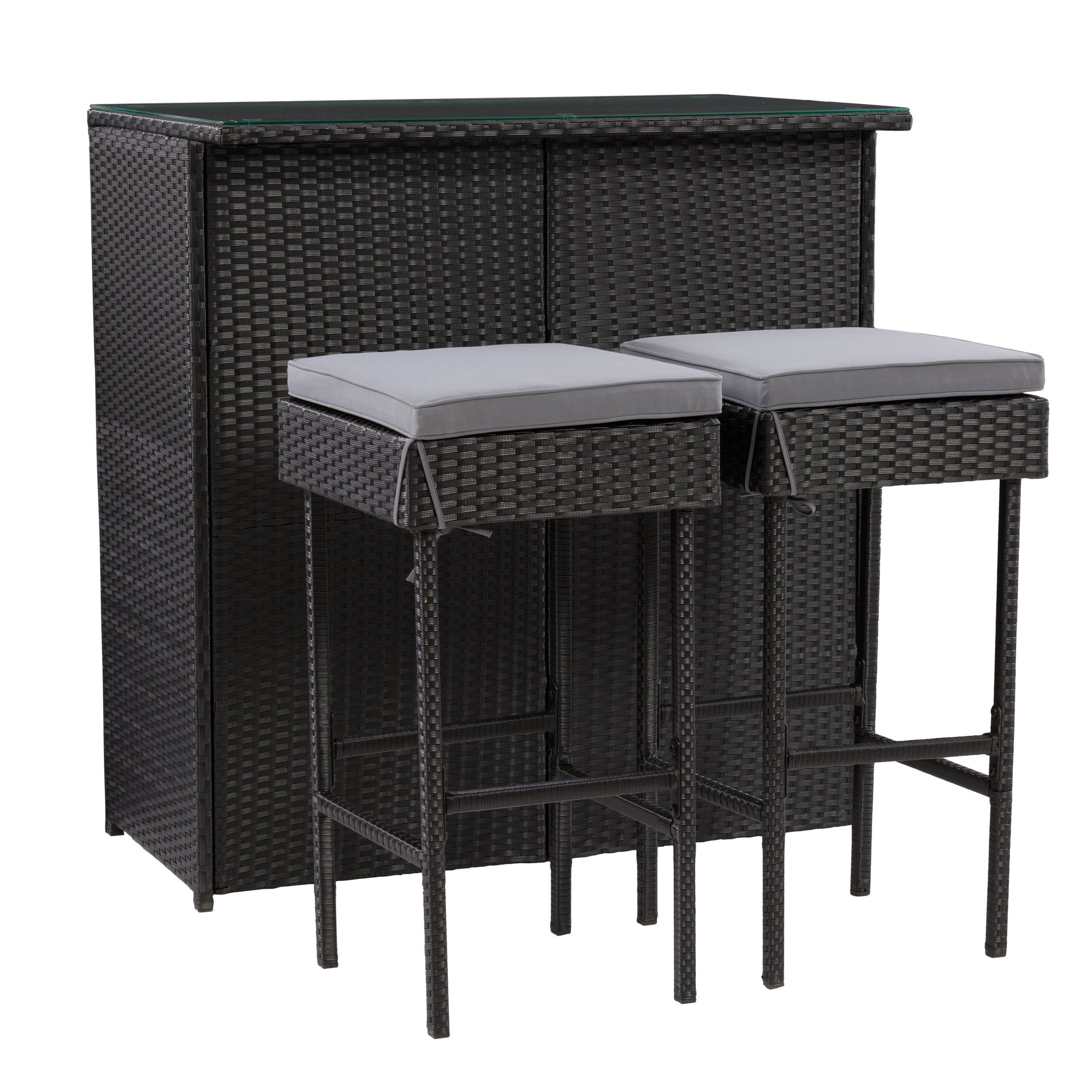 Three-piece patio bar set featuring a high table and two bar stools with beige cushions, crafted from durable, weather-resistant dark brown wicker, perfect for outdoor entertaining and relaxation.