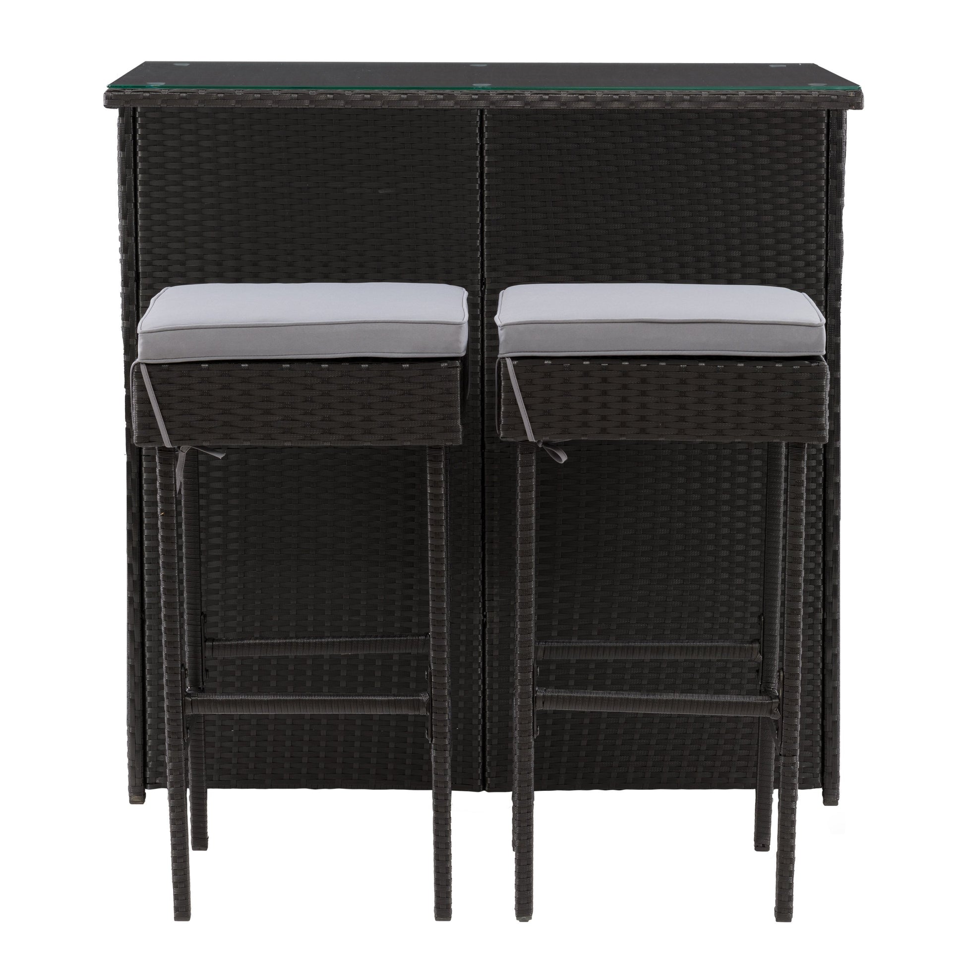Three-piece patio bar set featuring a high table and two bar stools with beige cushions, crafted from durable, weather-resistant dark brown wicker, perfect for outdoor entertaining and relaxation.