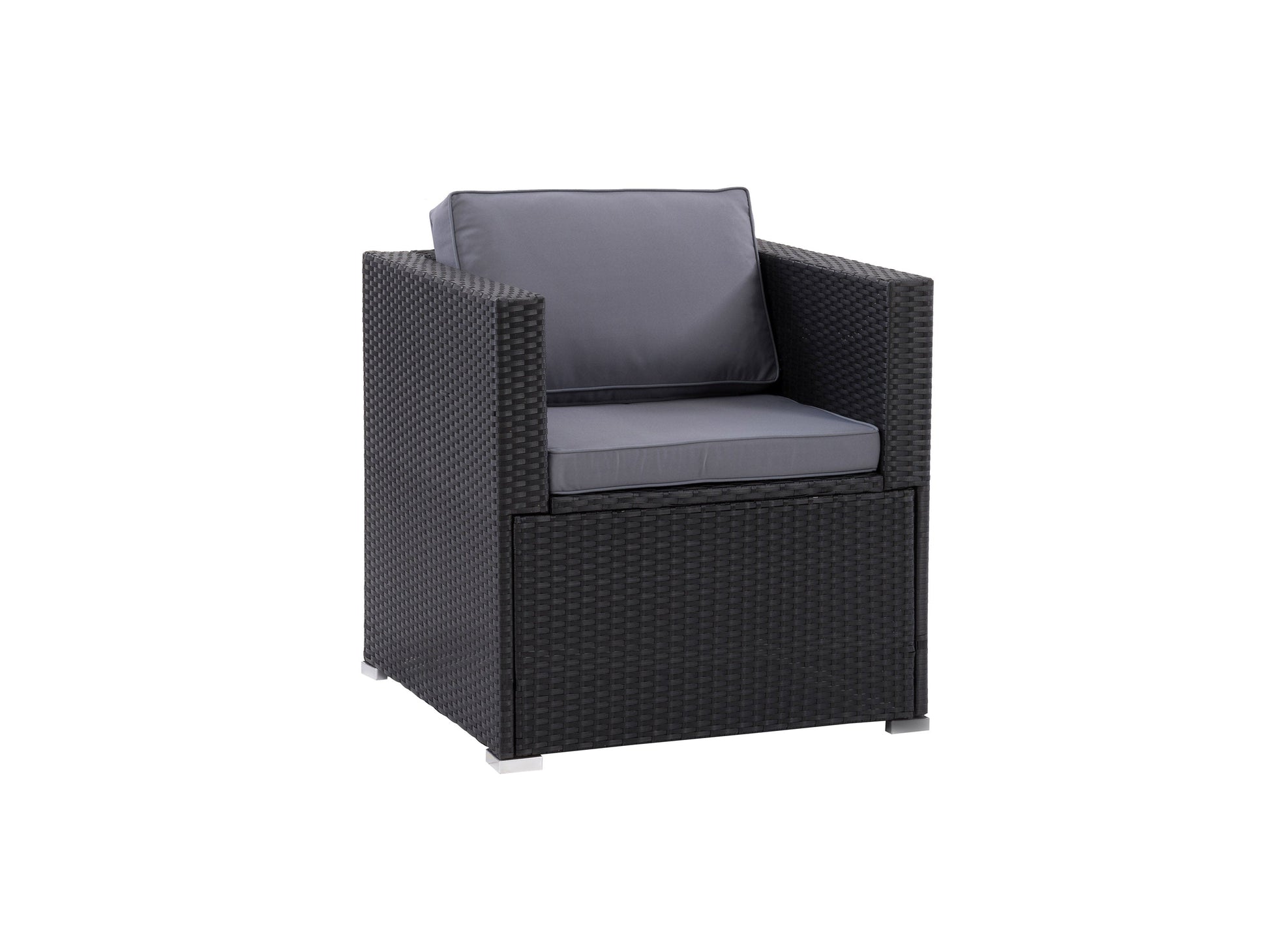 Wicker patio armchair with beige cushions, featuring a durable woven rattan design, sturdy aluminum frame, and comfortable armrests, perfect for outdoor lounging and garden seating.