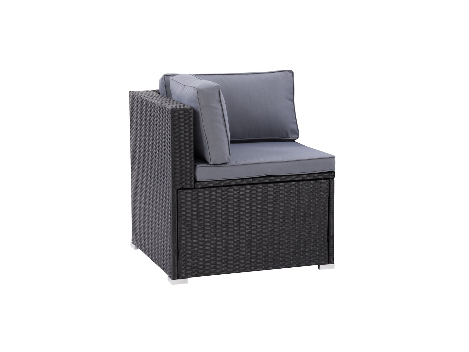 Outdoor corner patio chair with a sleek aluminum frame, featuring dark grey cushions and a modern, minimalist design. Ideal for contemporary outdoor spaces and comfortable lounging.