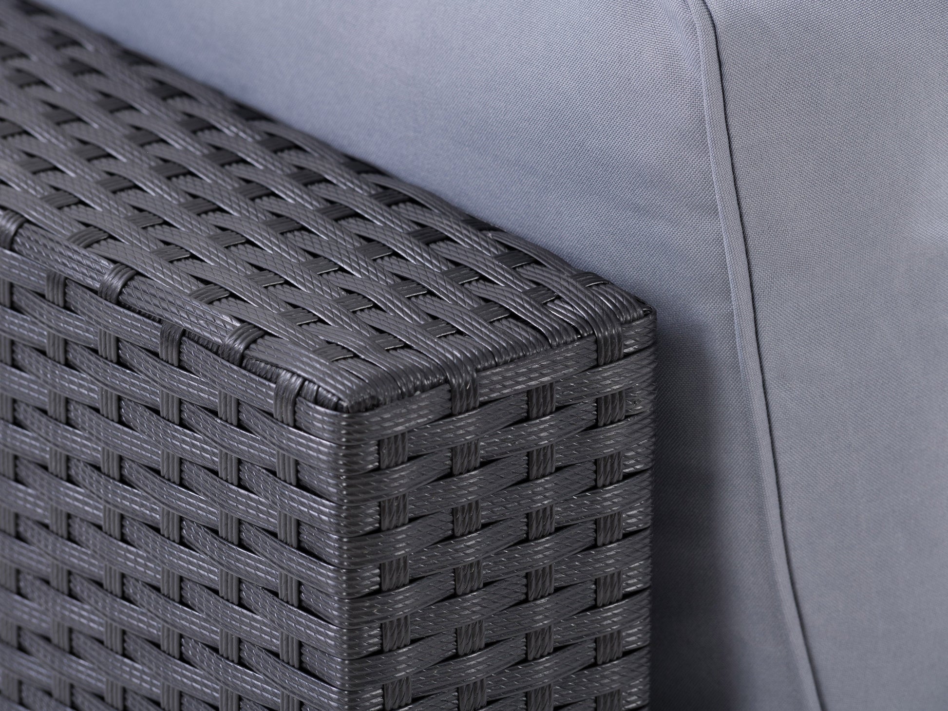 Modern outdoor loveseat with gray cushions and dark brown wicker frame, featuring a sleek, contemporary design. Ideal for patio seating, this 2-piece set combines comfort and durability for stylish outdoor living.