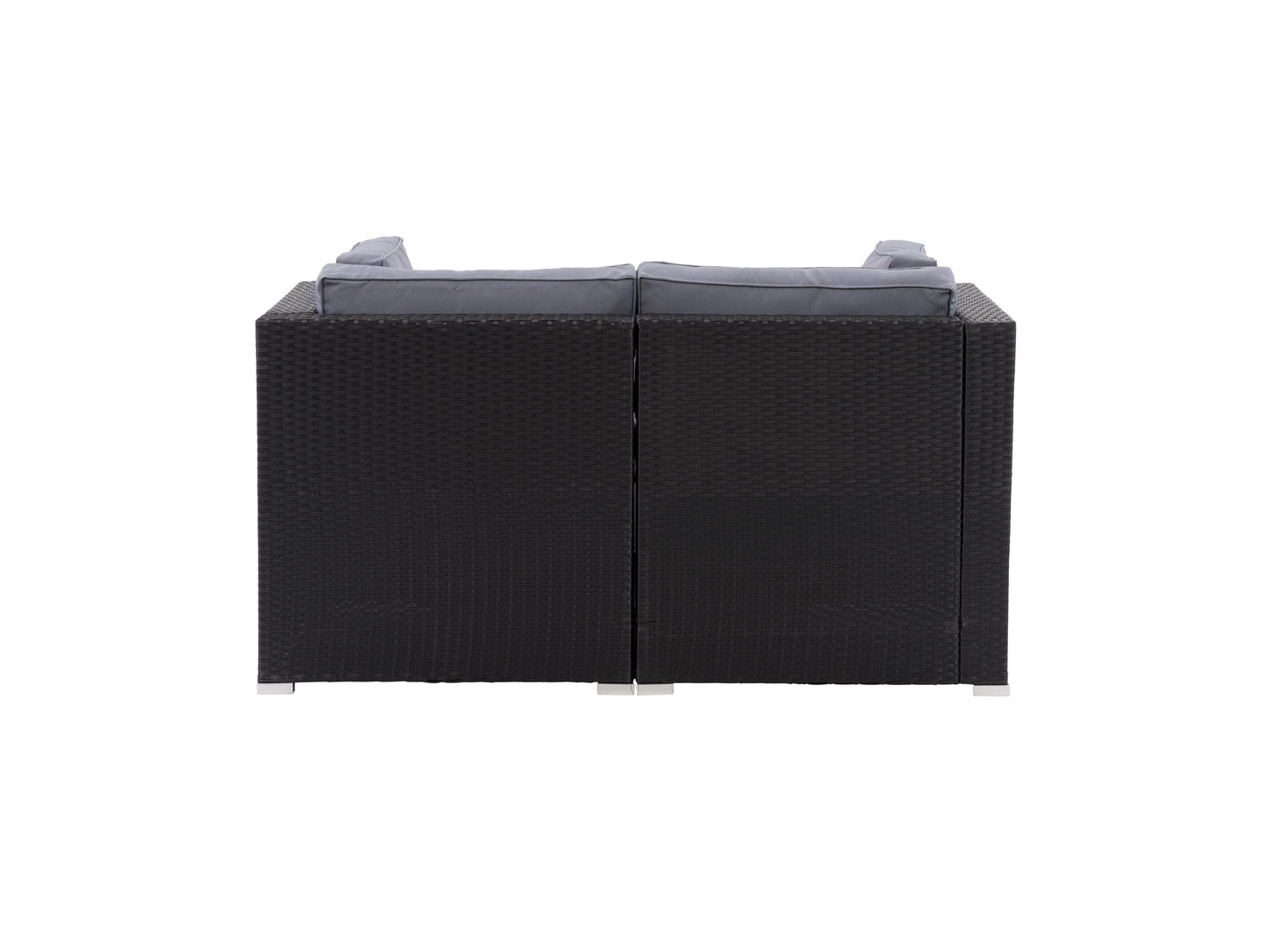 Outdoor loveseat with grey wicker frame, beige cushions, and a sleek modern design. Features durable materials suitable for patio use, providing comfortable seating for two. Ideal for outdoor relaxation and gatherings.