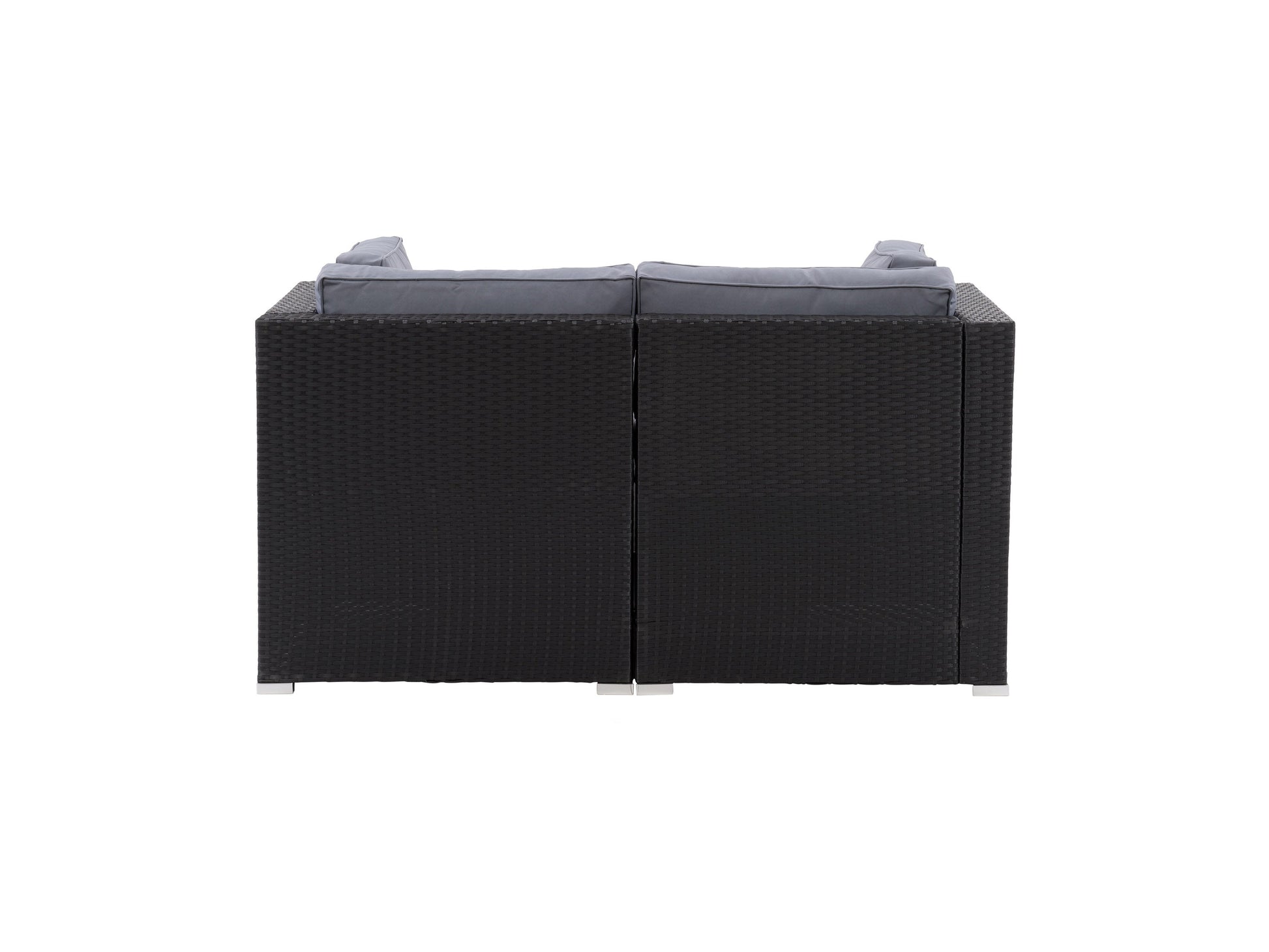 Outdoor loveseat with grey wicker frame, beige cushions, and a sleek modern design. Features durable materials suitable for patio use, providing comfortable seating for two. Ideal for outdoor relaxation and gatherings.
