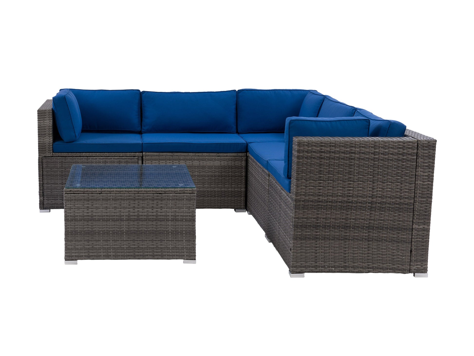 Gray wicker patio sectional set with beige cushions, glass-top coffee table, and matching ottoman. Weather-resistant materials, modern design, and spacious seating for outdoor relaxation.
