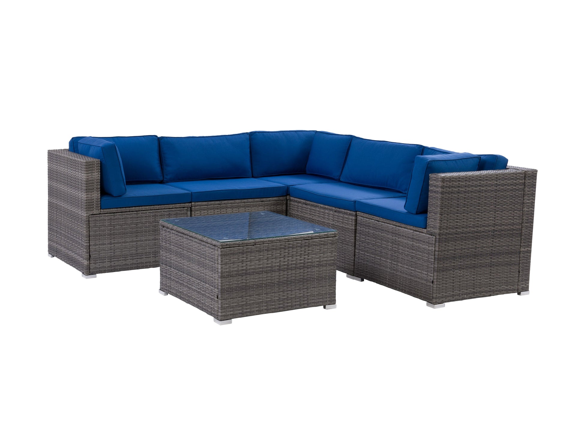 Modern gray patio sectional set with six pieces, featuring plush cushions, sleek aluminum frame, and weather-resistant wicker. Ideal for outdoor lounging and entertaining.