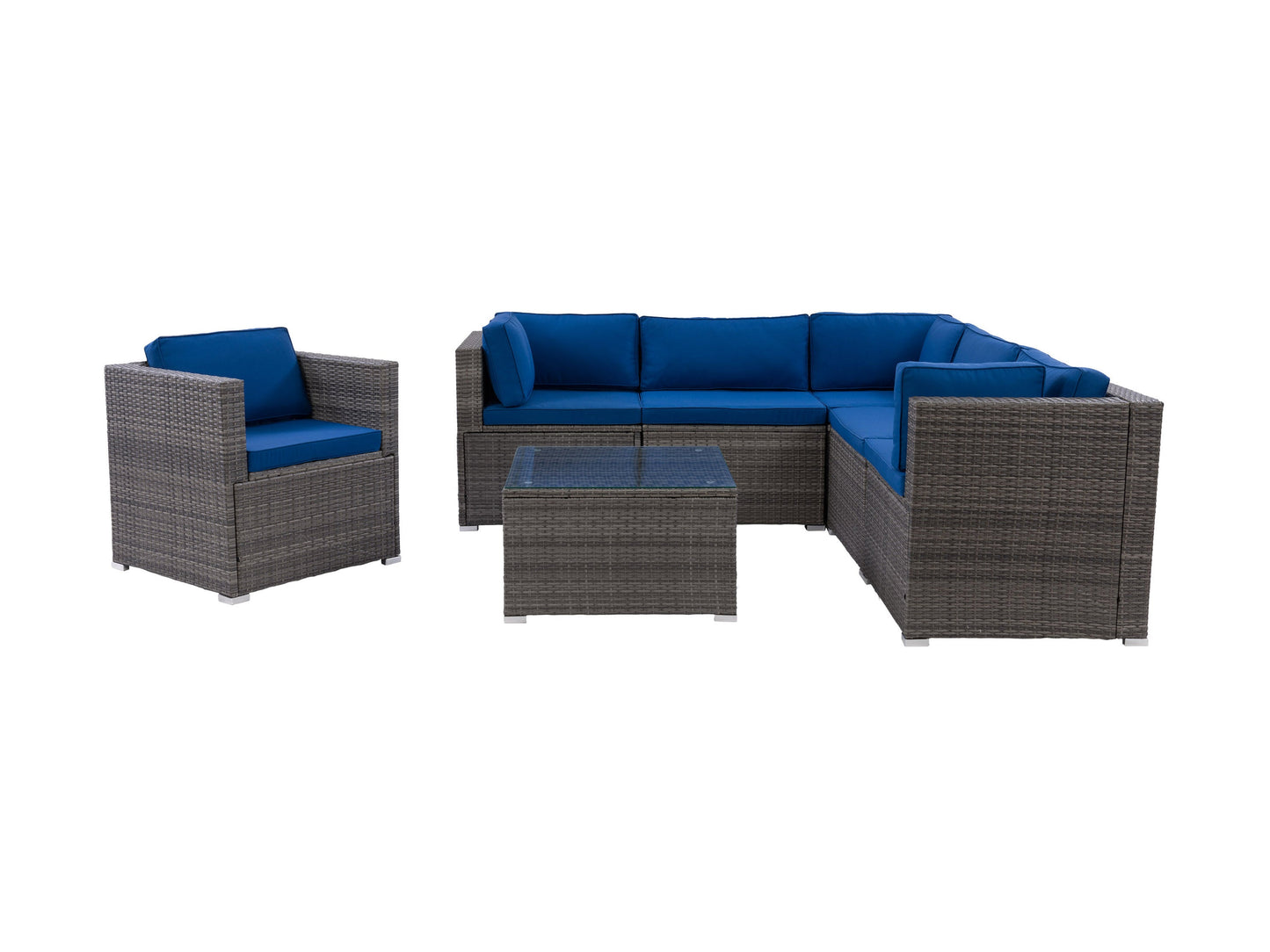 Outdoor patio sectional set in gray wicker with beige cushions, featuring a 7-piece modular design, glass-top coffee table, and weather-resistant materials, perfect for modern outdoor living spaces.