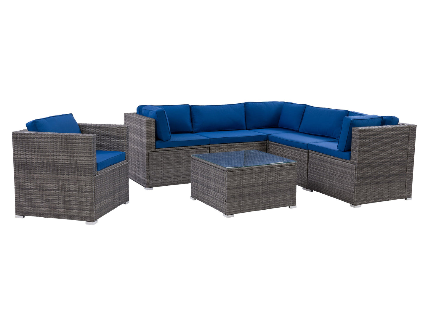 Outdoor patio sectional set, 7-piece, featuring beige cushions, dark brown wicker frame, L-shaped configuration, includes matching coffee table with tempered glass top, ideal for garden or deck lounging.
